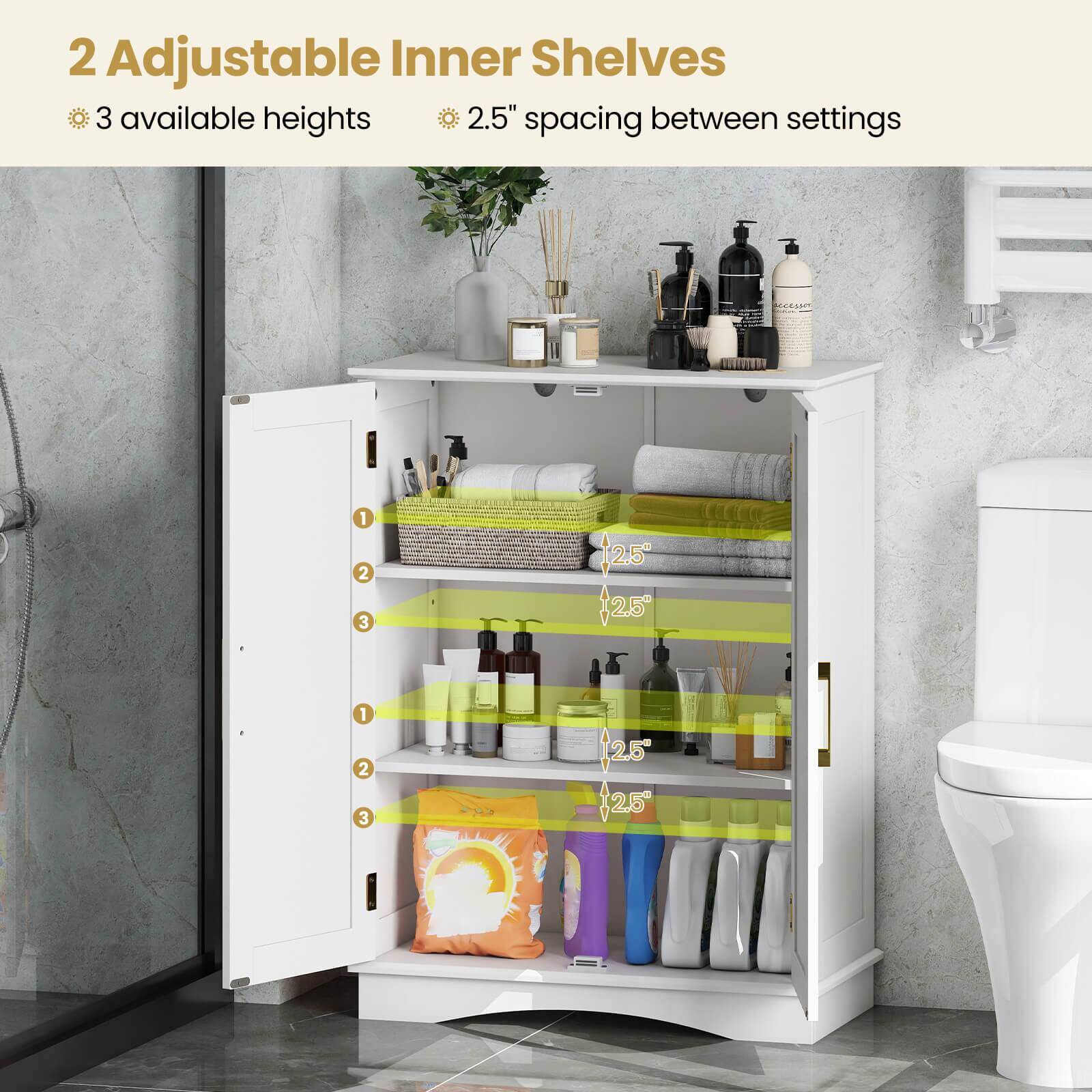 2 Adjustable Inner Shelves  
3 available heights  
2.5" spacing between settings  

1  
2  
3  

2.5"  
2.5"  
2.5"  
2.5"