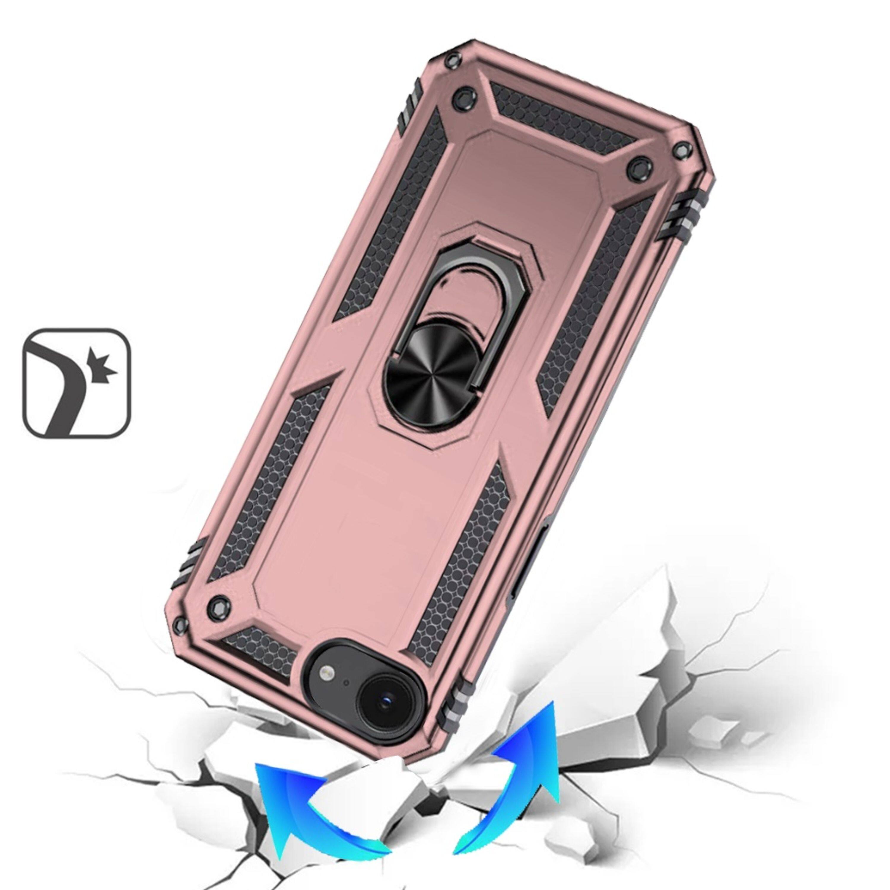 Angle. Kitcheniva - Hybrid Metal Ring Kickstand Phone Case With Tempered Glass For iPhone 16e/17e Rose Gold - Rose Gold.