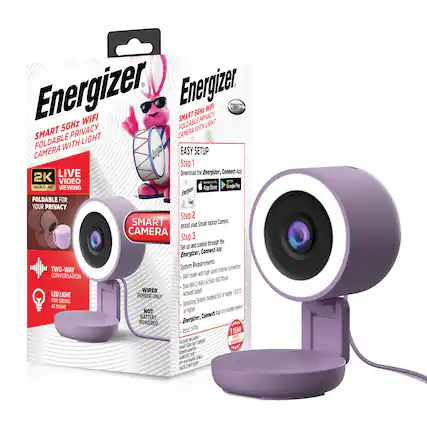 Energizer Smart 5GHz WiFi Privacy Foldable Camera with Light
- 2K Quad HD Viewing
- Live Video
- Foldable for Your Privacy
- Smart Camera
- Two-Way Conversation
- LED Light for Seeing at Night
- Wired Power Only (Not Battery Powered)
Easy Setup:
1. Download the Energizer, Connect App
2. Install your Smart Indoor Camera
3. Set up and control through the Energizer, Connect App
System Requirements:
- WiFi router with high-speed internet connection (802.11n or higher)
- Dual-band WiFi 2.4GHz/5GHz
- Operating System: Android 8.0 or higher, iOS 10.3 or higher
- 1 Year Warranty
Includes:
- Smart WiFi Camera
- Power Adapter
- USB Power Cable
- Quick Start Guide