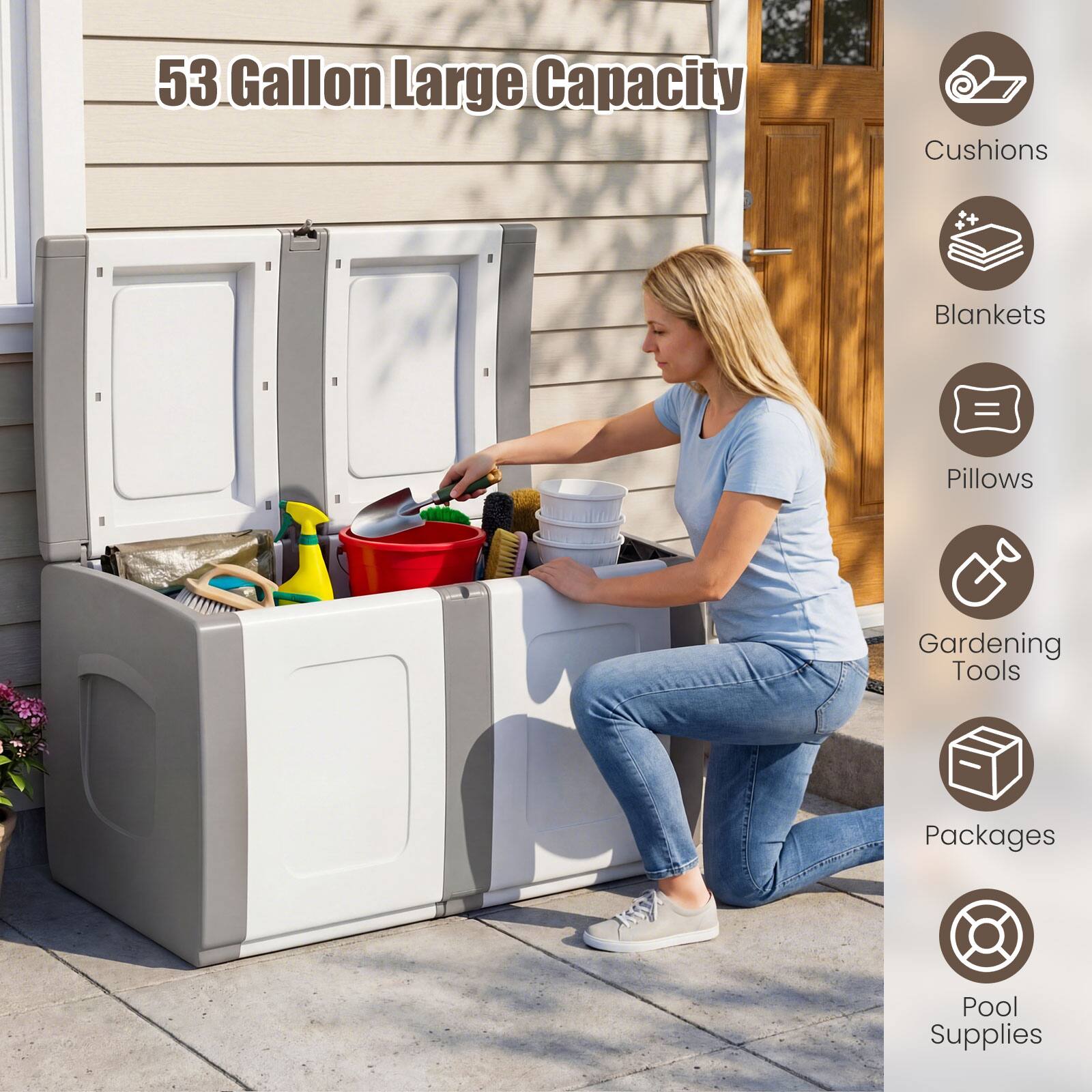 53 Gallon Large Capacity

- Cushions
- Blankets
- Pillows
- Gardening Tools
- Packages
- Pool Supplies