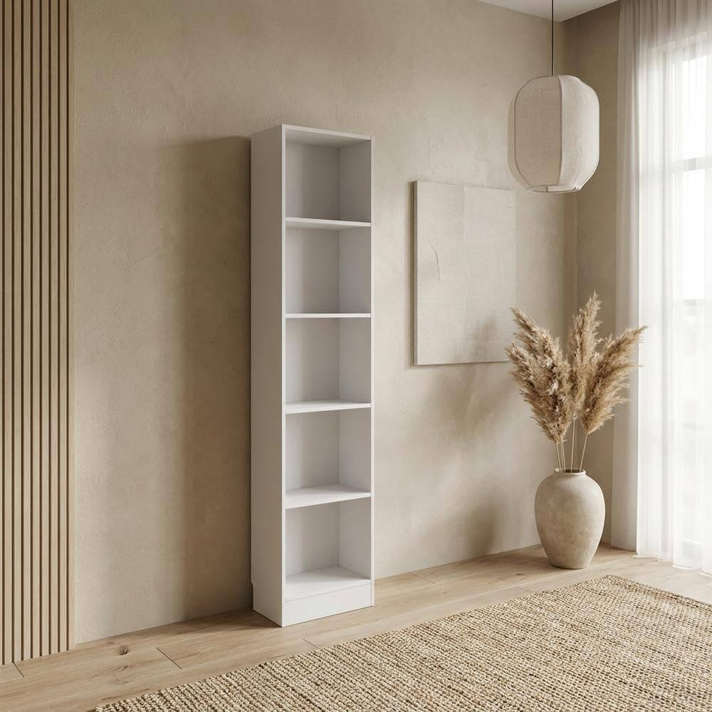 Alt View 4. FurniFact - White Tall 5 Shelf Bookcase - Stylish Narrow Bookshelf for Home or Office - White.