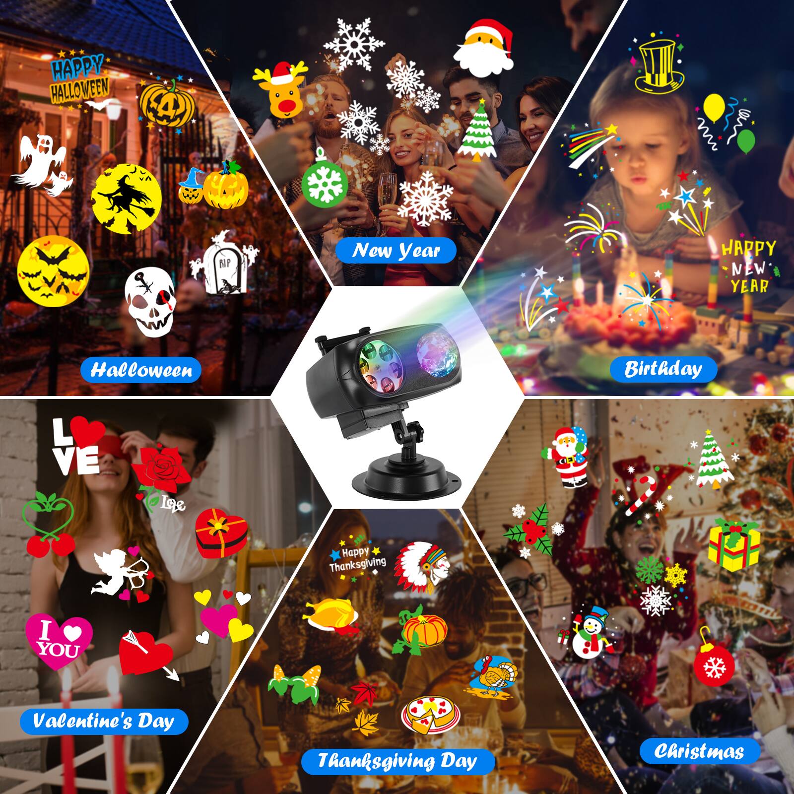 HAPPY HALLOWEEN  
HAPPY NEW YEAR  
HAPPY BIRTHDAY  
Happy Thanksgiving  
Happy Valentine's Day  
Merry Christmas