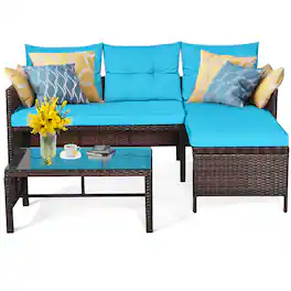 Costway - 3PCS Patio Wicker Rattan Sofa Set Outdoor Sectional Conversation Set - Blue