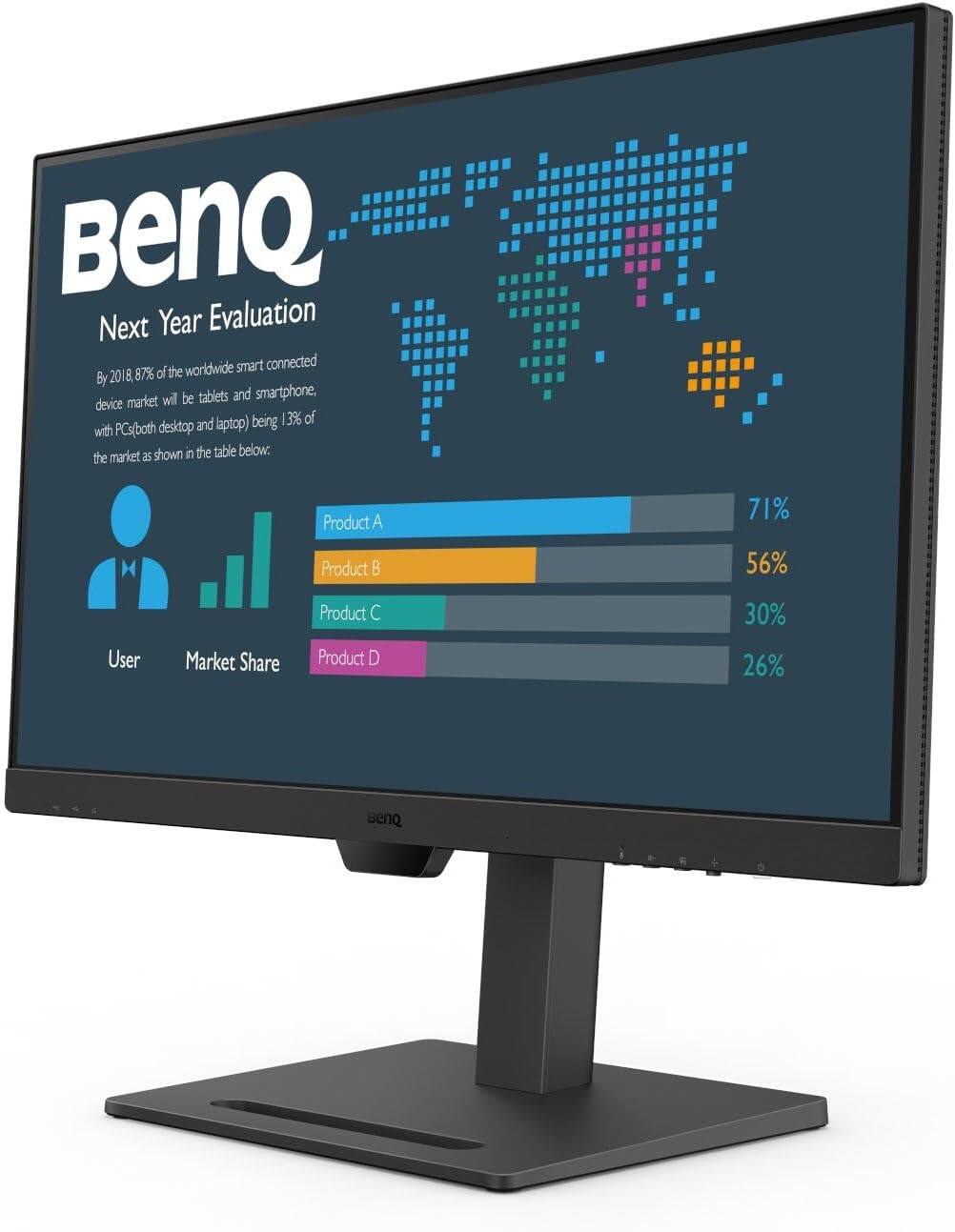 BenQ Next Year Evaluation

By 2018, 87% of the worldwide smart connected device market will be tablets and smartphones, with PCs (both desktop and laptop) being 13% of the market as shown in the table below:

| User | Market Share |
|------|--------------|
| Product A | 71% |
| Product B | 56% |
| Product C | 30% |
| Product D | 26% |