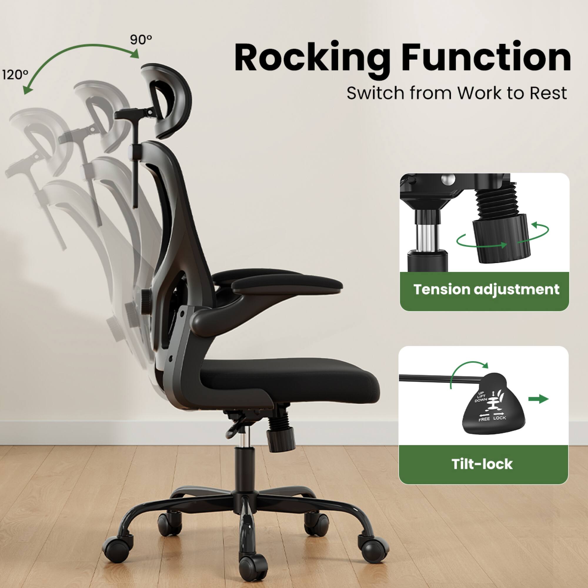 Rocking Function  
Switch from Work to Rest  

Tension adjustment  

Tilt-lock