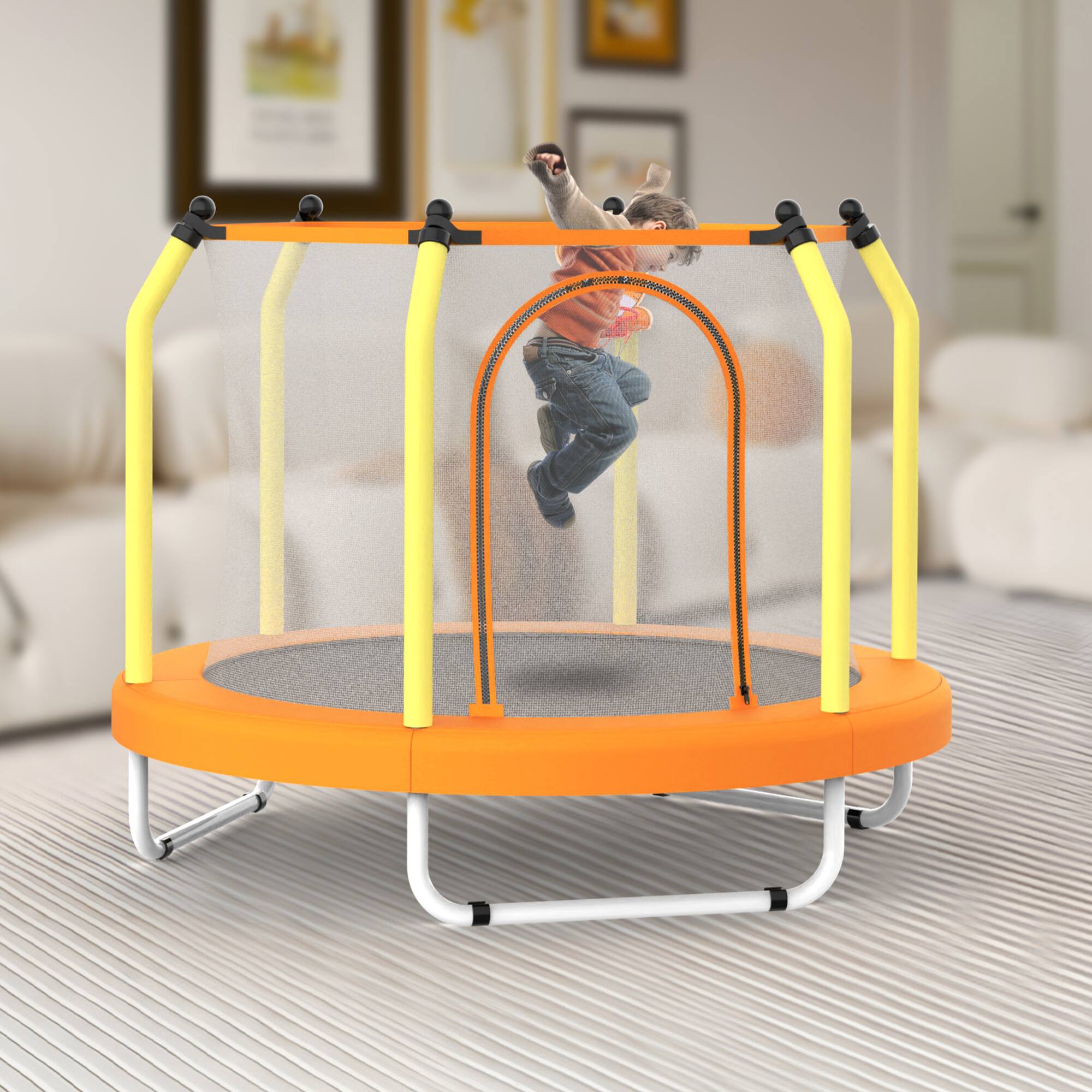 Alt View 1. Ecooso - 55-Inch Small Trampoline with Safety Enclosure and Basketball Hoop, Indoor and Outdoor Use - Yellow.