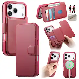 Dteck - for Apple iPhone 17 Pro Max 2-in-1 Magnetic Wallet Case,RFID Blocking PU Leather Flip Cover Card Holder Shockproof Case - Red