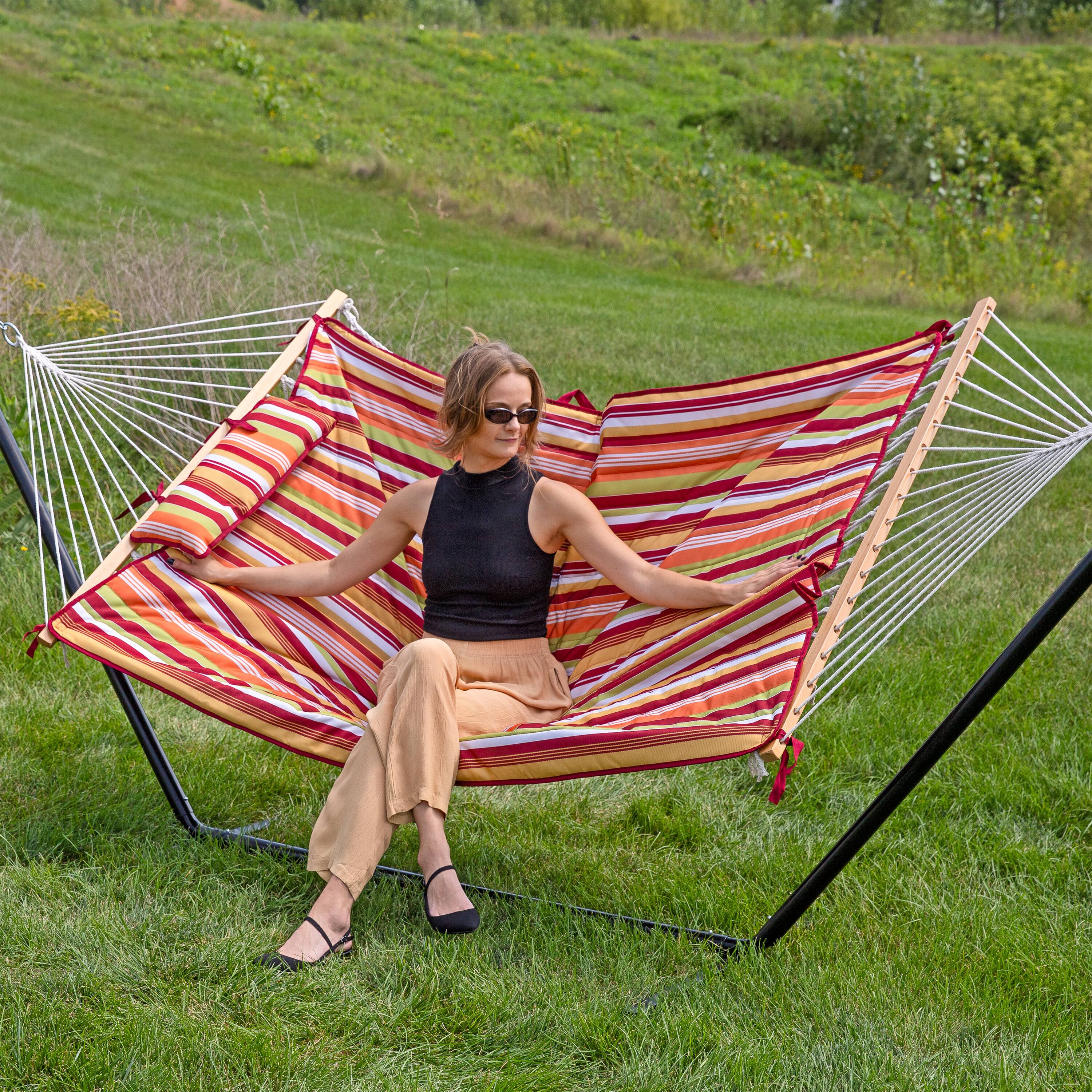 Alt View 7. Sunnydaze - Large Rope Hammock with Steel Stand and Pad/Pillow - Tropical Orange.