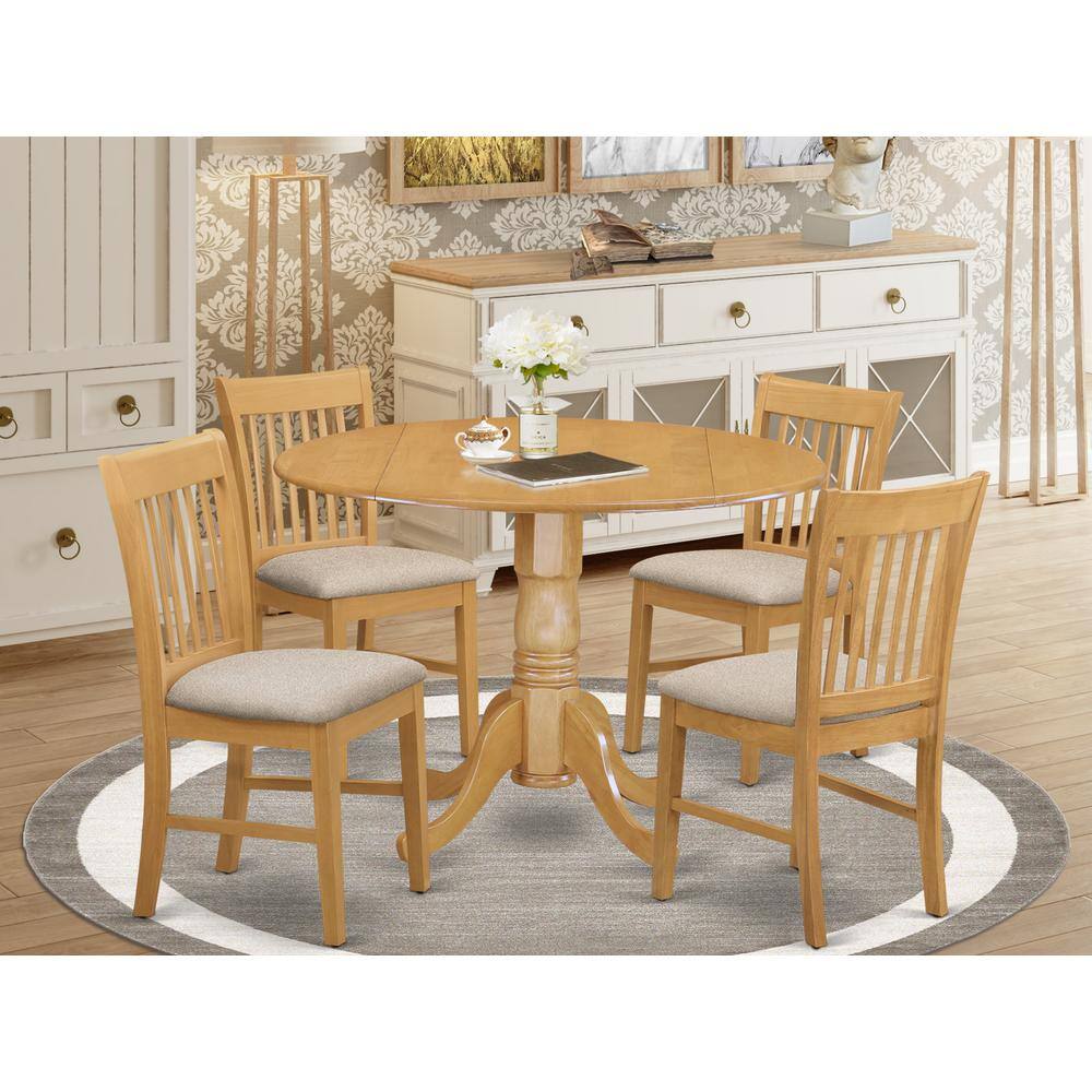 Left. East West Furniture - DLNO5-OAK-C 5 Pc small Kitchen Table set-round Kitchen Table and 4 Dining Chairs. - Oak.
