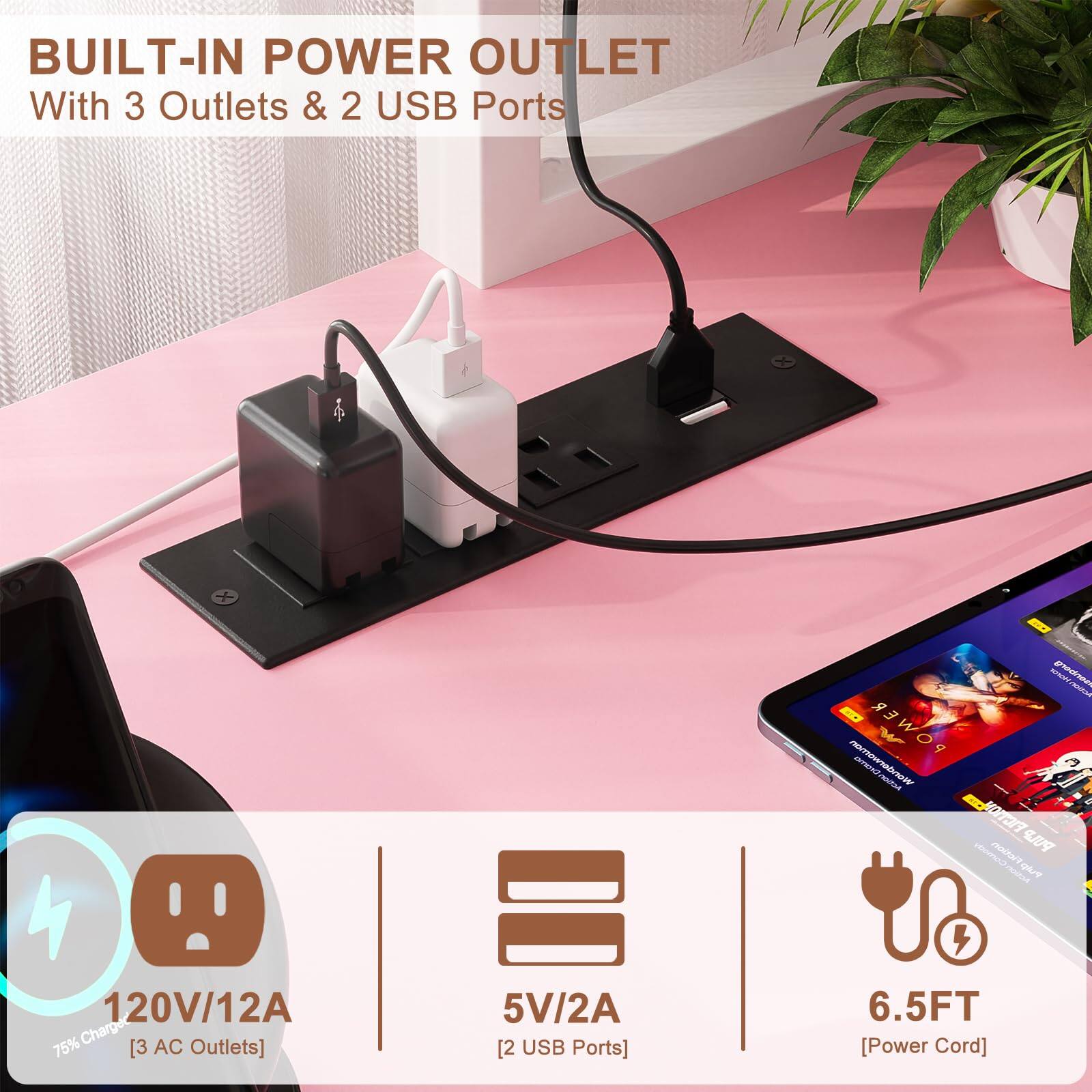 BUILT-IN POWER OUTLET  
With 3 Outlets & 2 USB Ports  

120V/12A  
[3 AC Outlets]  

5V/2A  
[2 USB Ports]  

6.5FT  
[Power Cord]