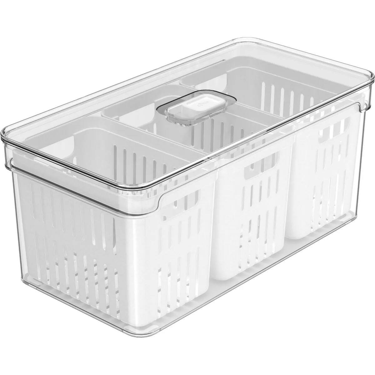 Front. OU - OU Fridge Organizer Bin w Drain Baskets & Vented Lid, 5.3qt Clear Stackable Refrigerator Storage Bin - Clear.