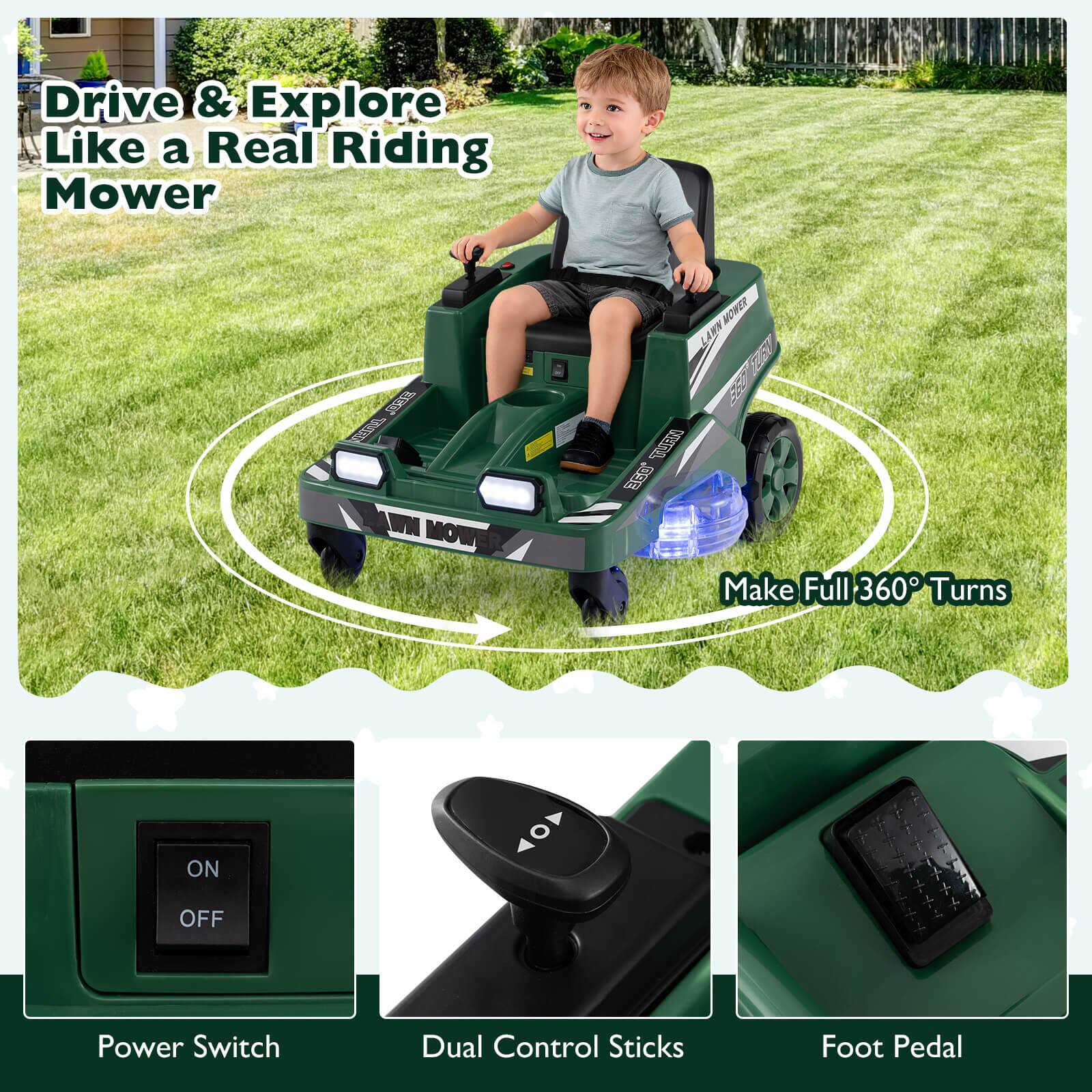Drive & Explore Like a Real Riding Mower

Make Full 360° Turns

Power Switch

Dual Control Sticks

Foot Pedal