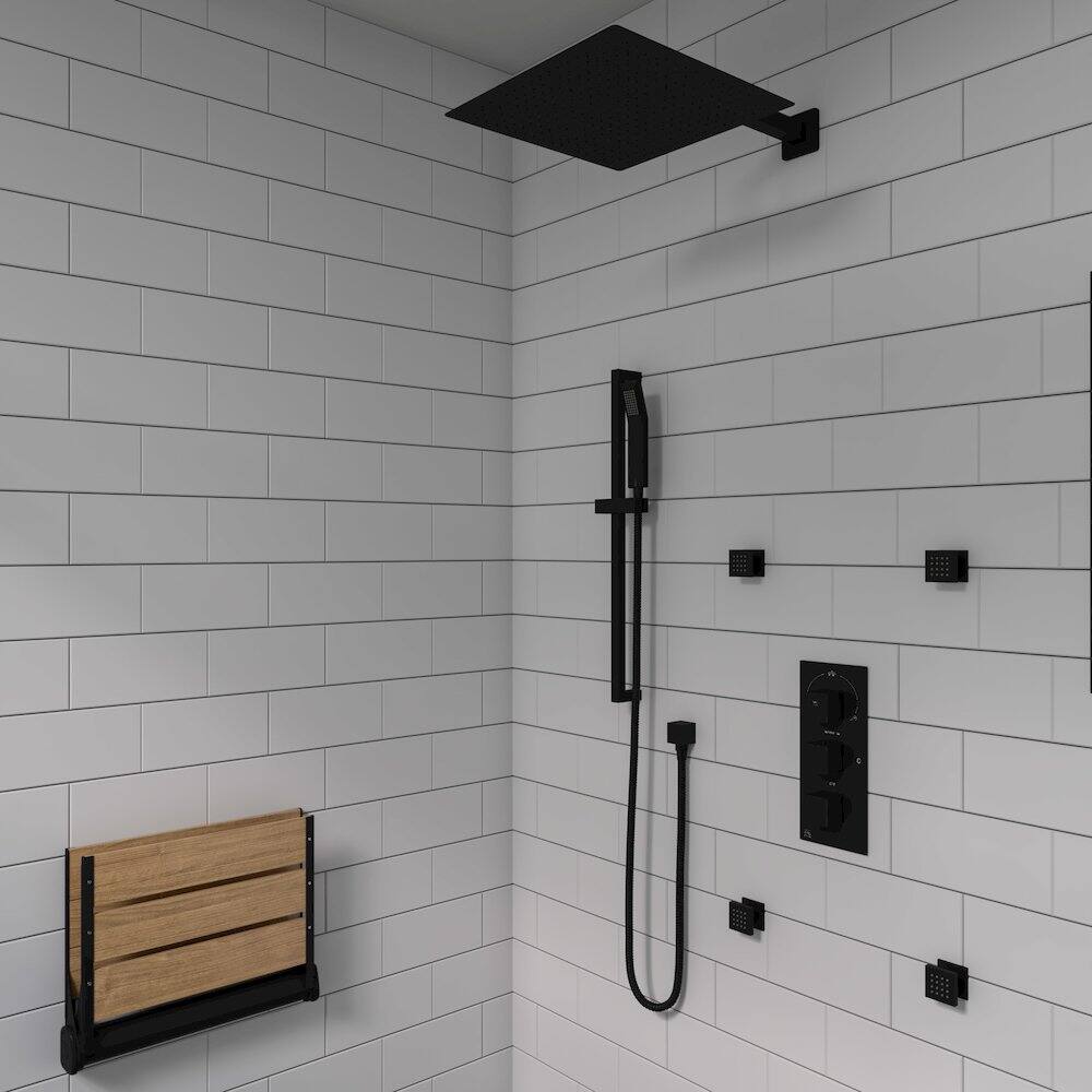 Back. Alfi - Black Matte 17" Wide Foldable Teak Shower Seat with Backrest - Brown.