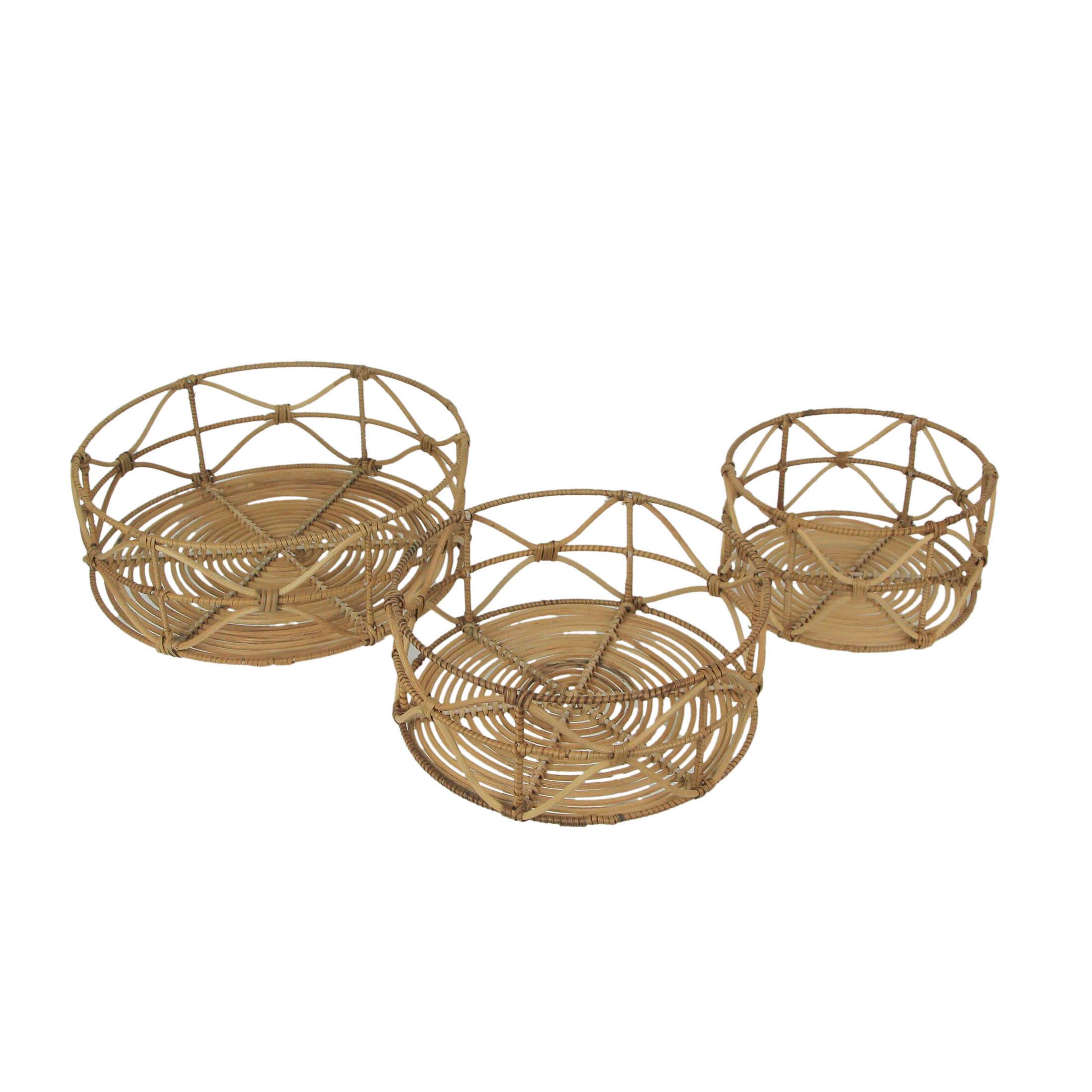 Front. PD Home & Garden - Set of 3 Metal and Rattan Nesting Round Basket Trays - Brown.
