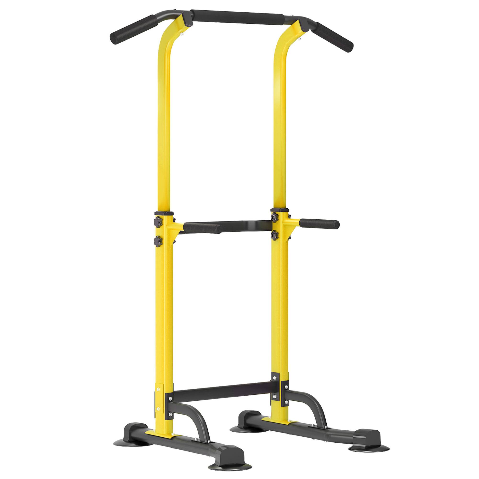 Left. ELEMENT ACE - Multifunctional Adjustable Pull Up Bar and Dip Station with 10 Height Settings for Complete Home Strength Training - Yellow+Black.
