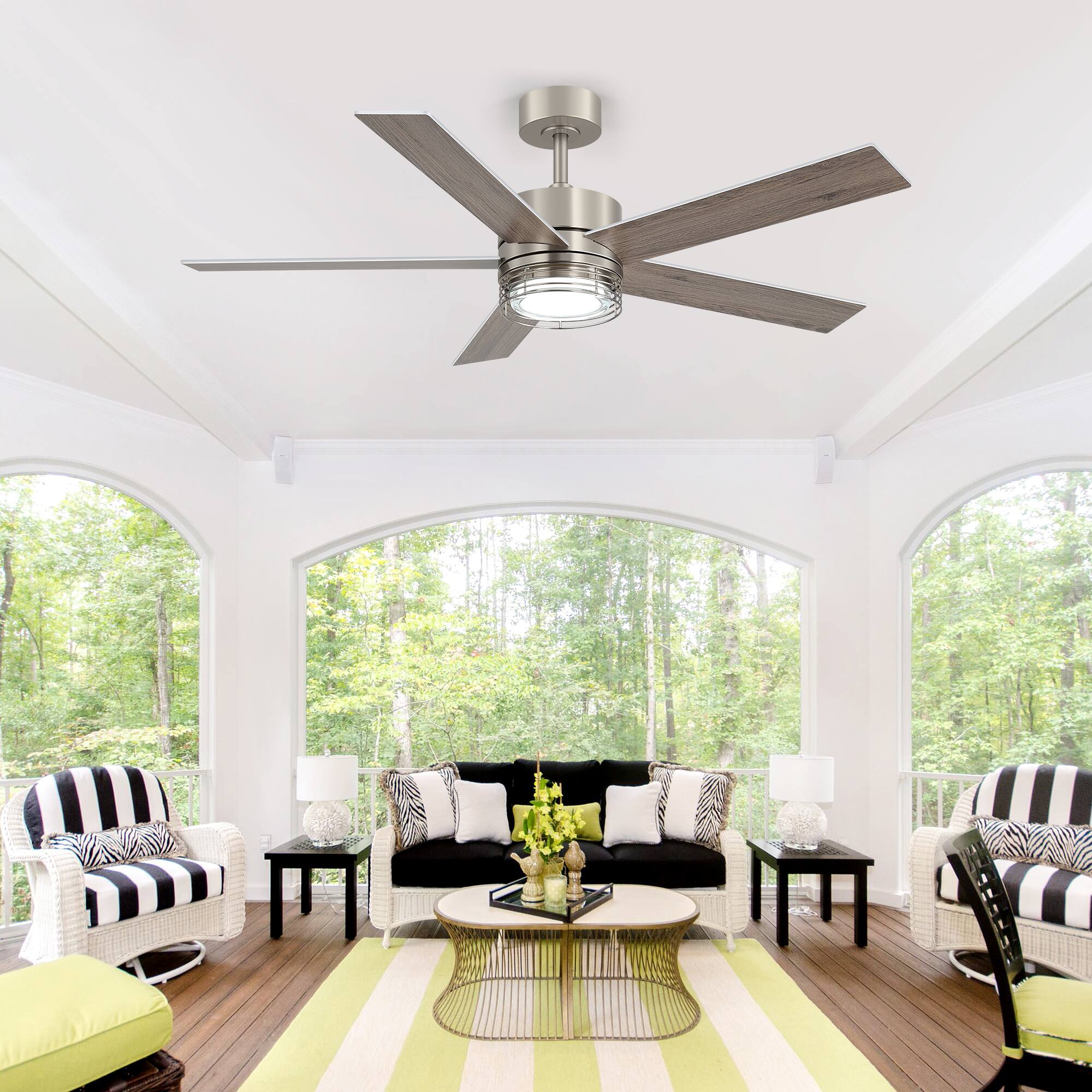 Alt View 2. Breezary - 52-Inch LED Ceiling Fan with 5 Reversible Blades, Dimmable 3-Color Light, Quiet DC Motor & Remote, 6&10" Downrods - 52-Inch Brushed Nickel.