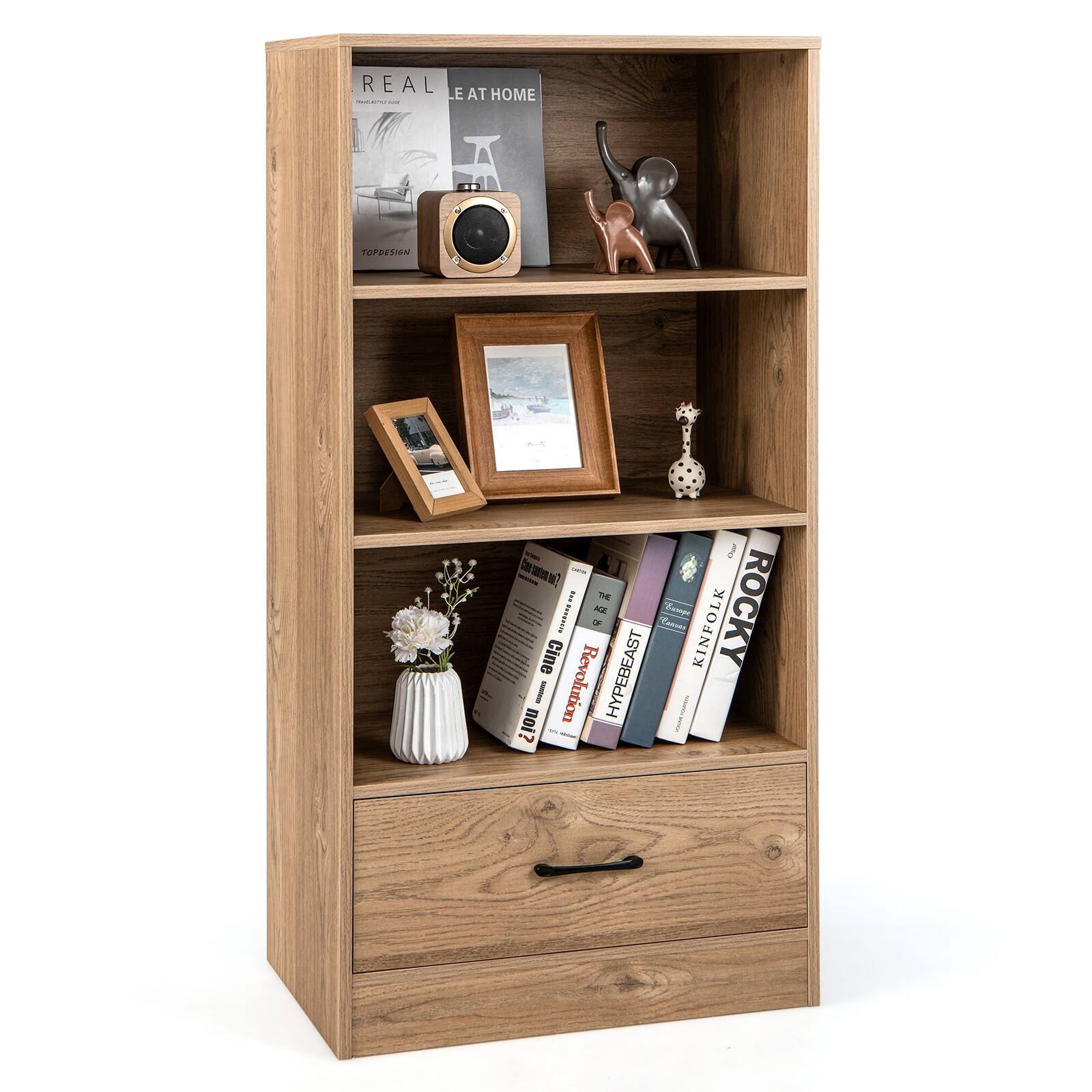 Ecooso - 4-Tier Storage Bookcase with Open Shelves Drawer and Anti-toppling Device - Natural