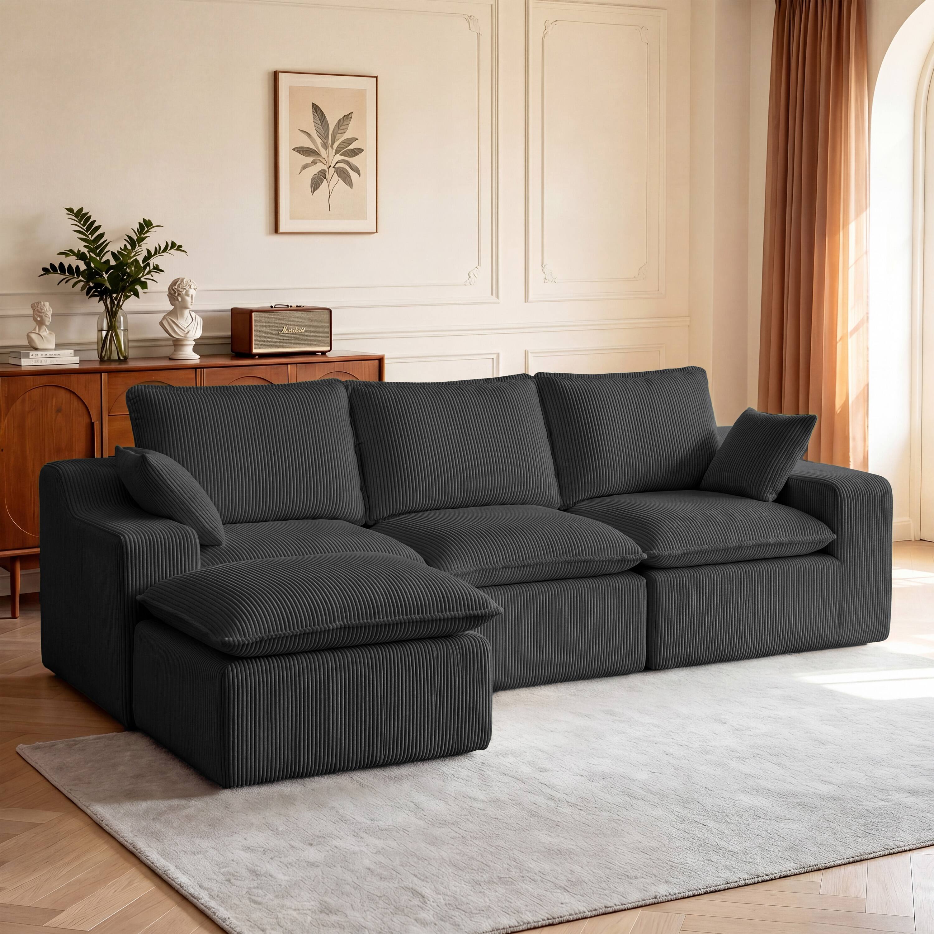 Angle. CarterChairr - 107" L-Shape Modular Sectional Sofa with Ottoman & 2 Pillows, Cloud Boneless Couch for Living Room - Gray.