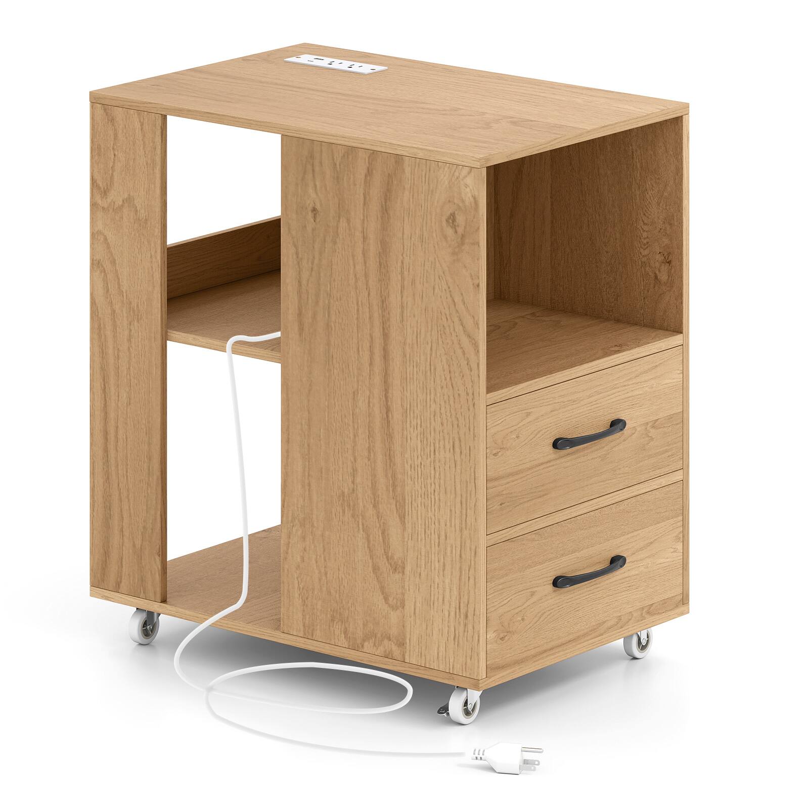 Alt View 9. Gymax - Gymax End Table w/Built-in Charging Station USB Ports & Outlets 2 Drawers & 3 Shelves Natural - Yellow.