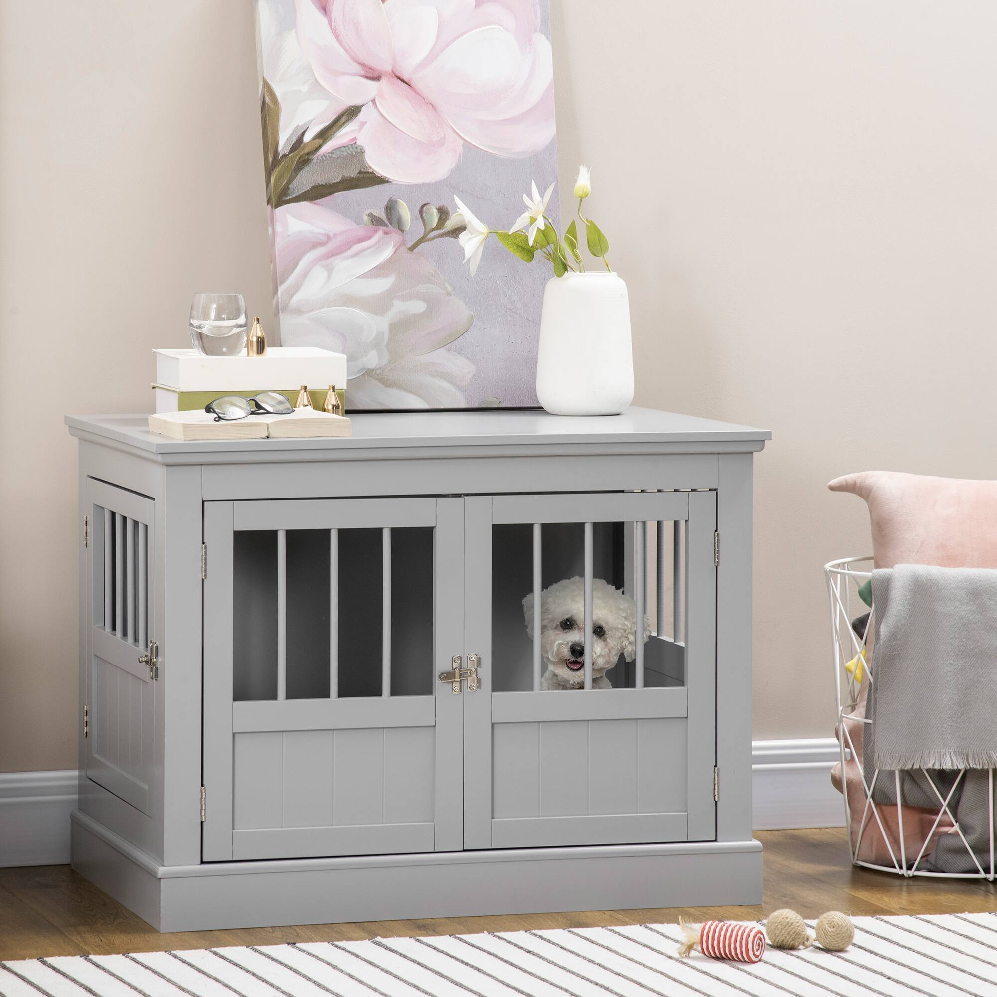 Alt View 5. Siljoy - Wooden Dog Crate End Table with Triple Doors, Magnetic Closure & Steel Frame for Small Dogs.
