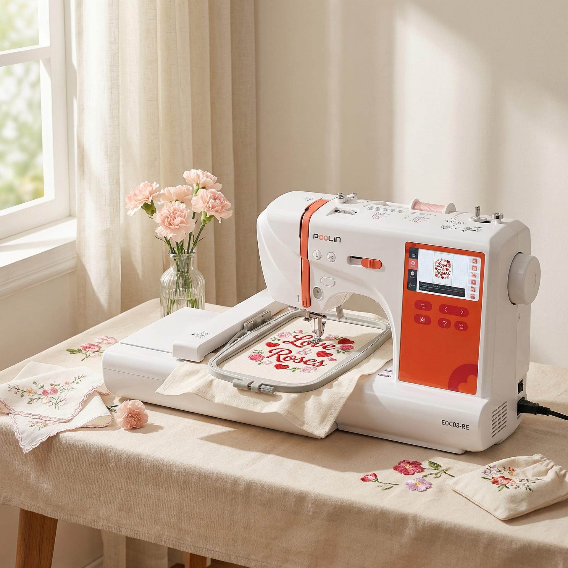 Poolin - EOC03-RE 9.2x4" Area Computerized Embroidery Machine 4.3" LCD Touch Screen with Wifi & Starter Kit for Sidework