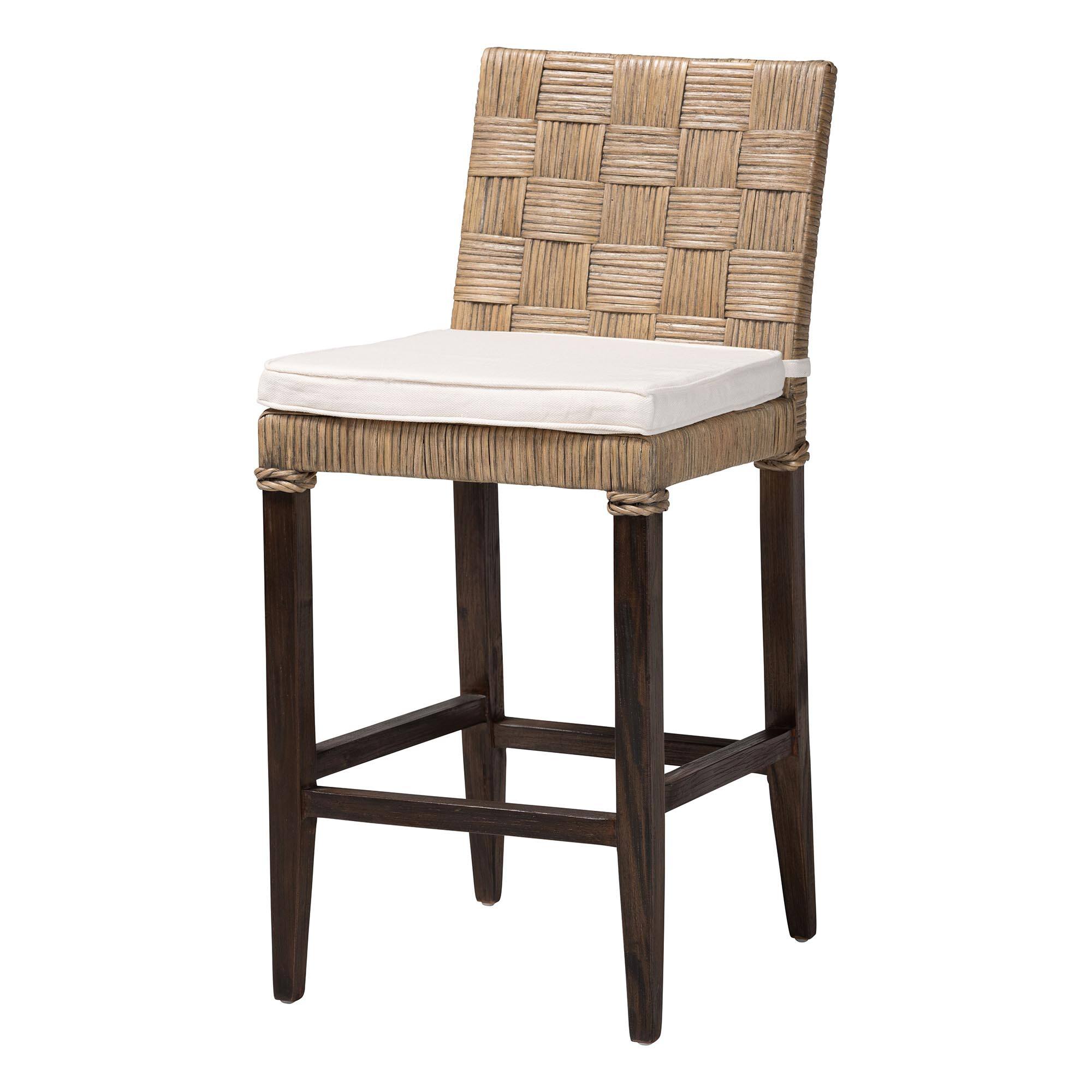 Front. bali & pari - Fatima Natural Rattan Counter Stool with Cushion – Handwoven Wicker Stool with Basketweave Back and Seat - Grey Taupe/Black.
