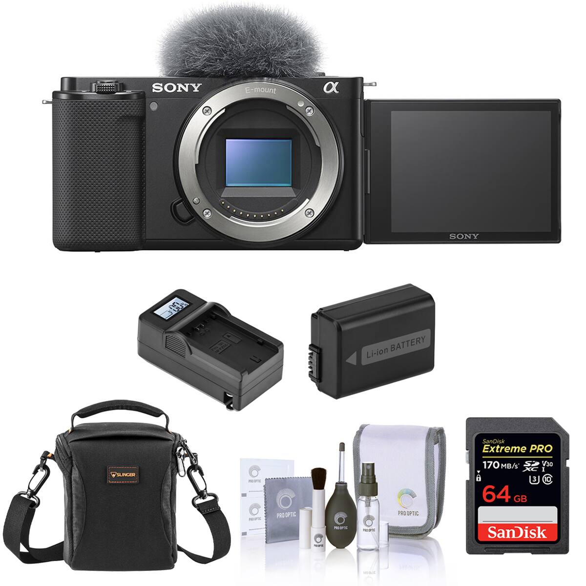 SONY E-mount a x SONY H Li-ion BATTERY SLINGER PROSIS NEPT PRO 379  
PRO OPTIC Sandisk Extreme PRO 170 MB/s V30 I 3 a 64 GB SanDisk