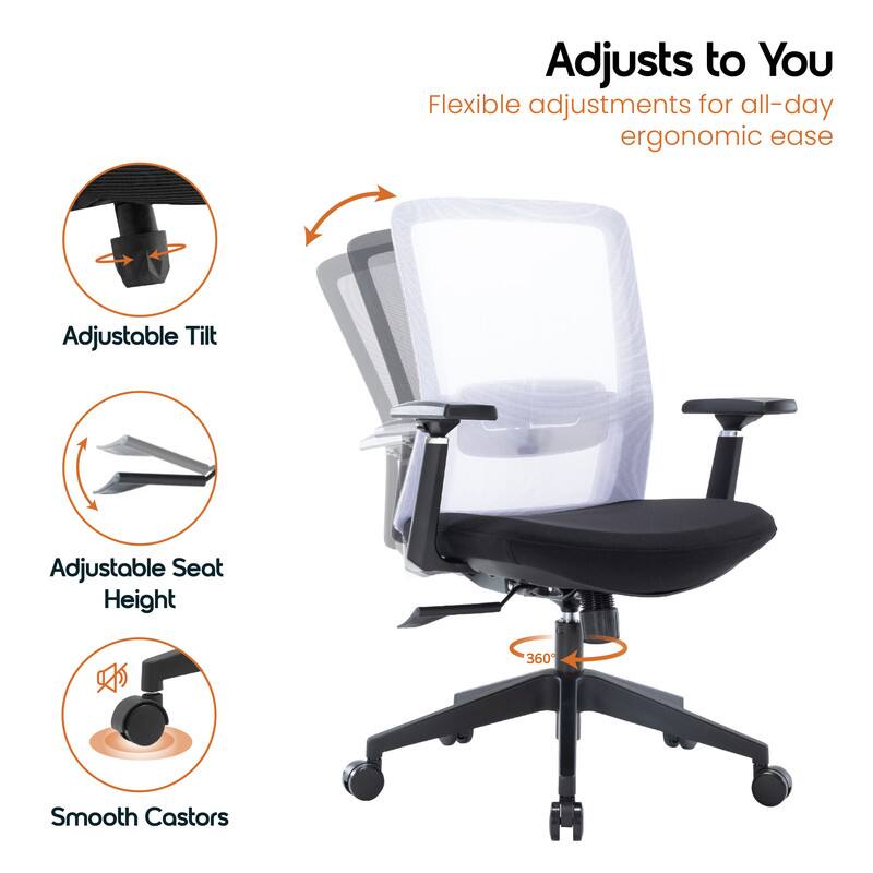 Adjusts to You  
Flexible adjustments for all-day ergonomic ease  
Adjustable Tilt  
Adjustable Seat Height  
360° Smooth Castors