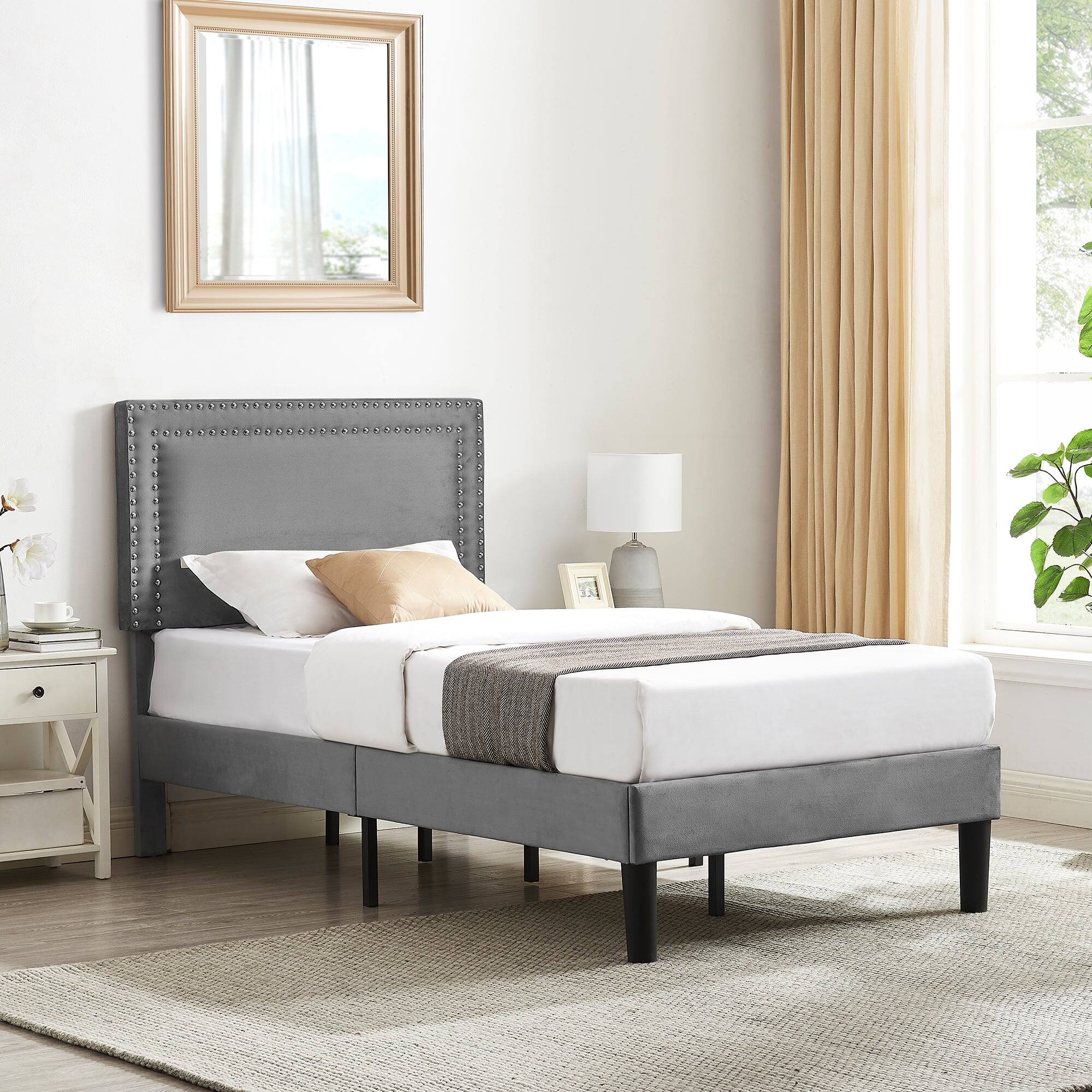 Alt View 1. Vecelo - Twin Size Platform Bed Frame with Adjustable Upholstered Headboard, Strong Wood Slat Support,No Box Spring Needed - Dark Gray.