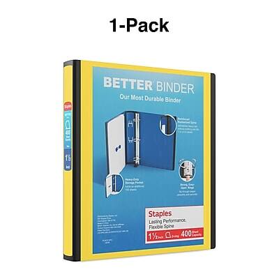 1-Pack  
BETTER BINDER  
Our Most Durable Binder  

Staples  
Lasting Performance, Flexible Spine  
1½"  
400 Sheets