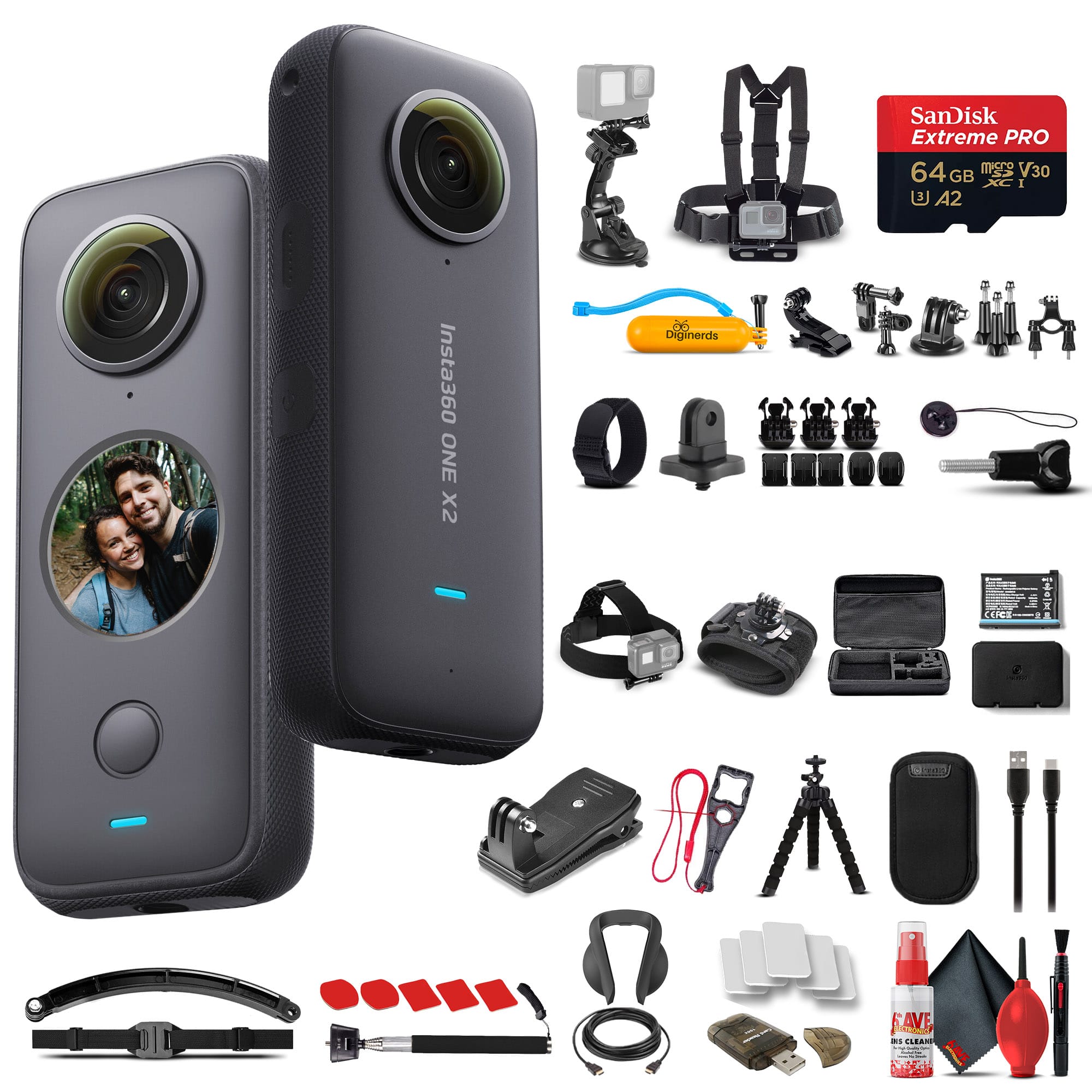 Insta360 - ONE X2 360 Degree Waterproof Action Camera + 50-in-1 Accessory Bundle