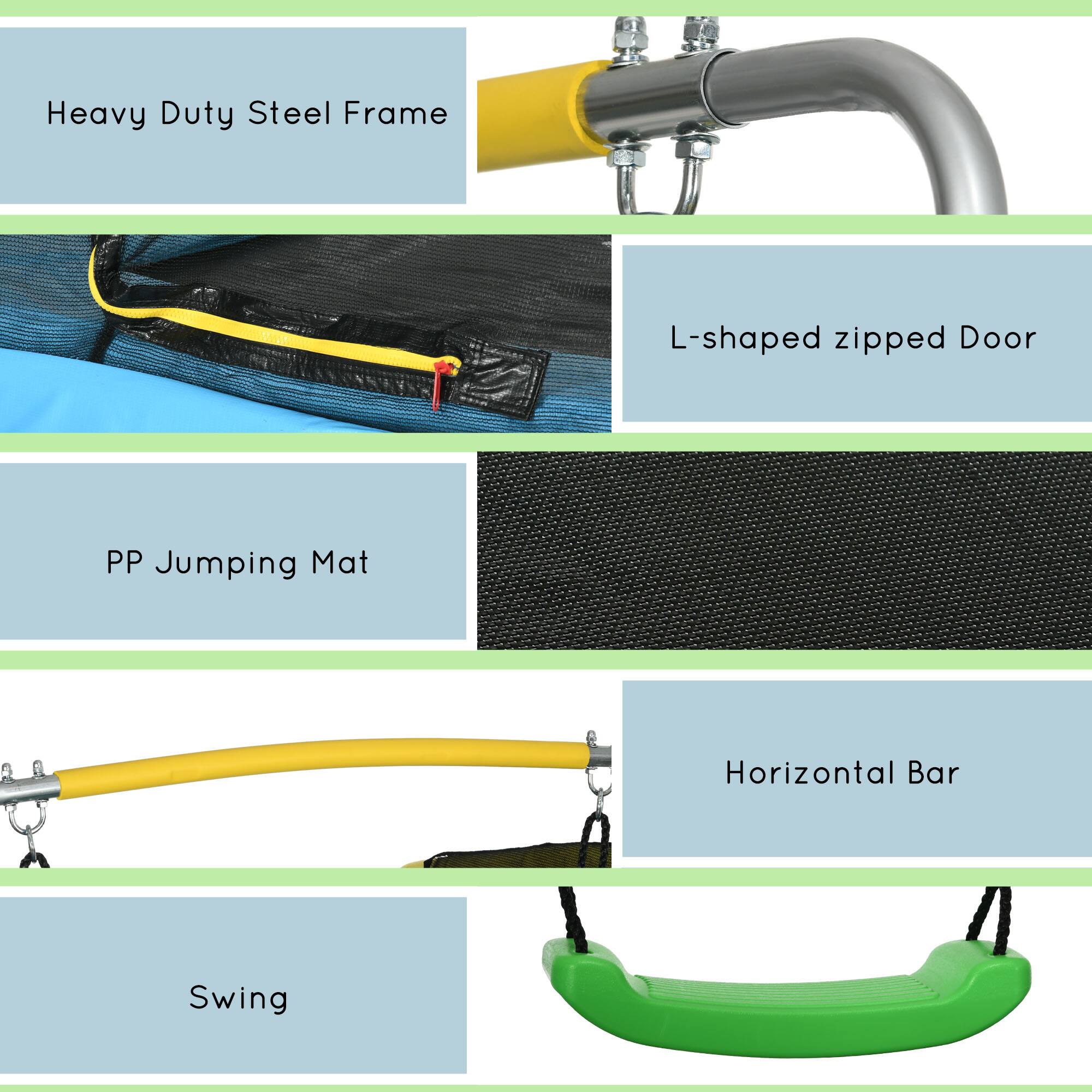 Heavy Duty Steel Frame  
L-shaped zipped Door  
PP Jumping Mat  
Horizontal Bar  
Swing