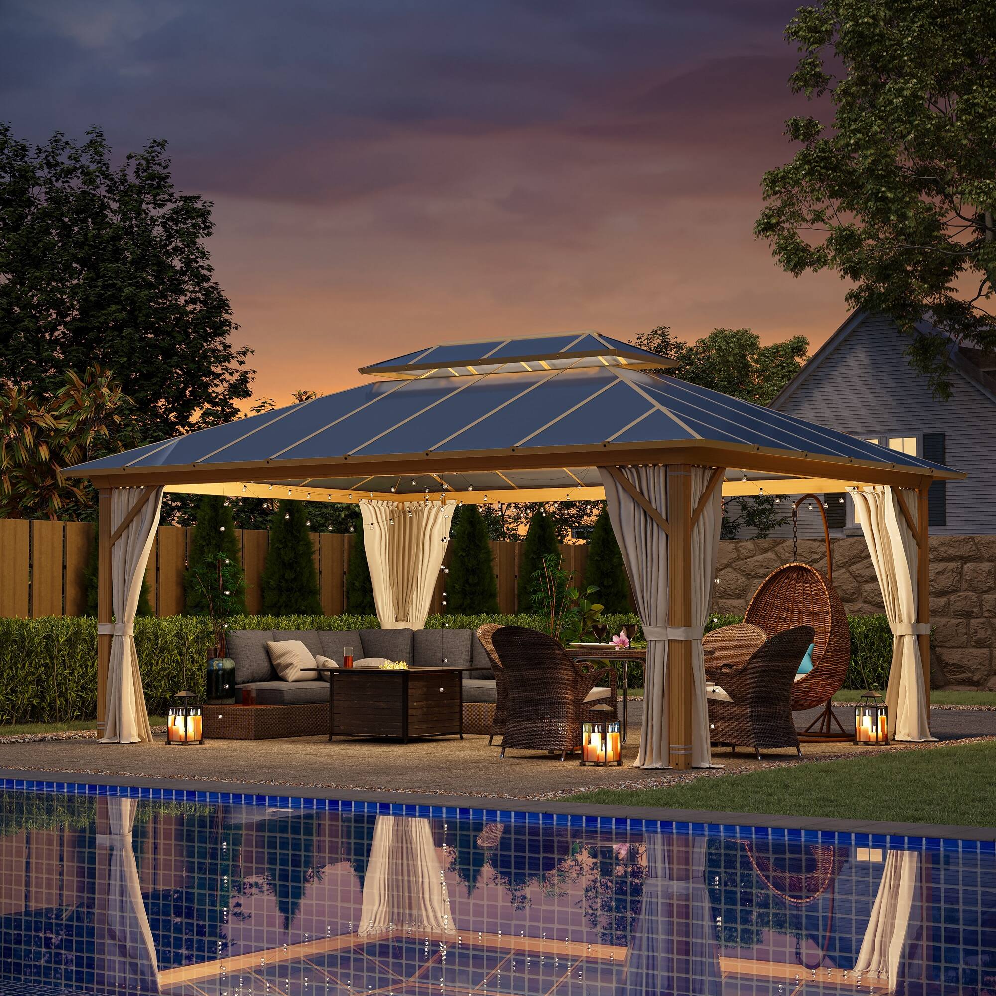 Angle. U-HOMY - Waterproof Aluminum Hardtop Gazebo with Netting & Curtains for Patio and Garden, Dark Grey - 12' x 16'.