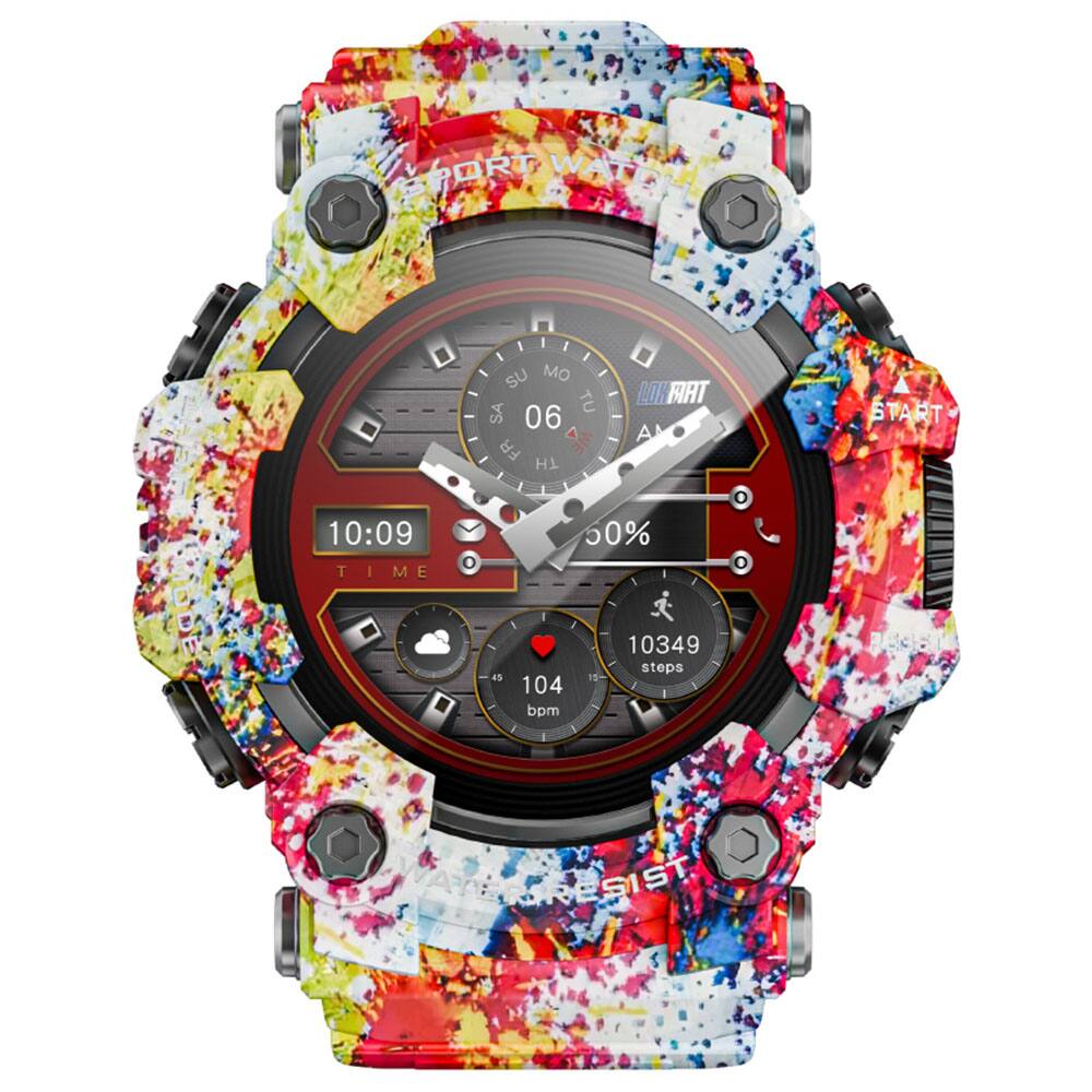 SPORT WATCH MO SA TU 06 FR HI LOK MAT A START MODE 10:09 TIME 45 50% 10349 steps 104 bpm RESIST WATER