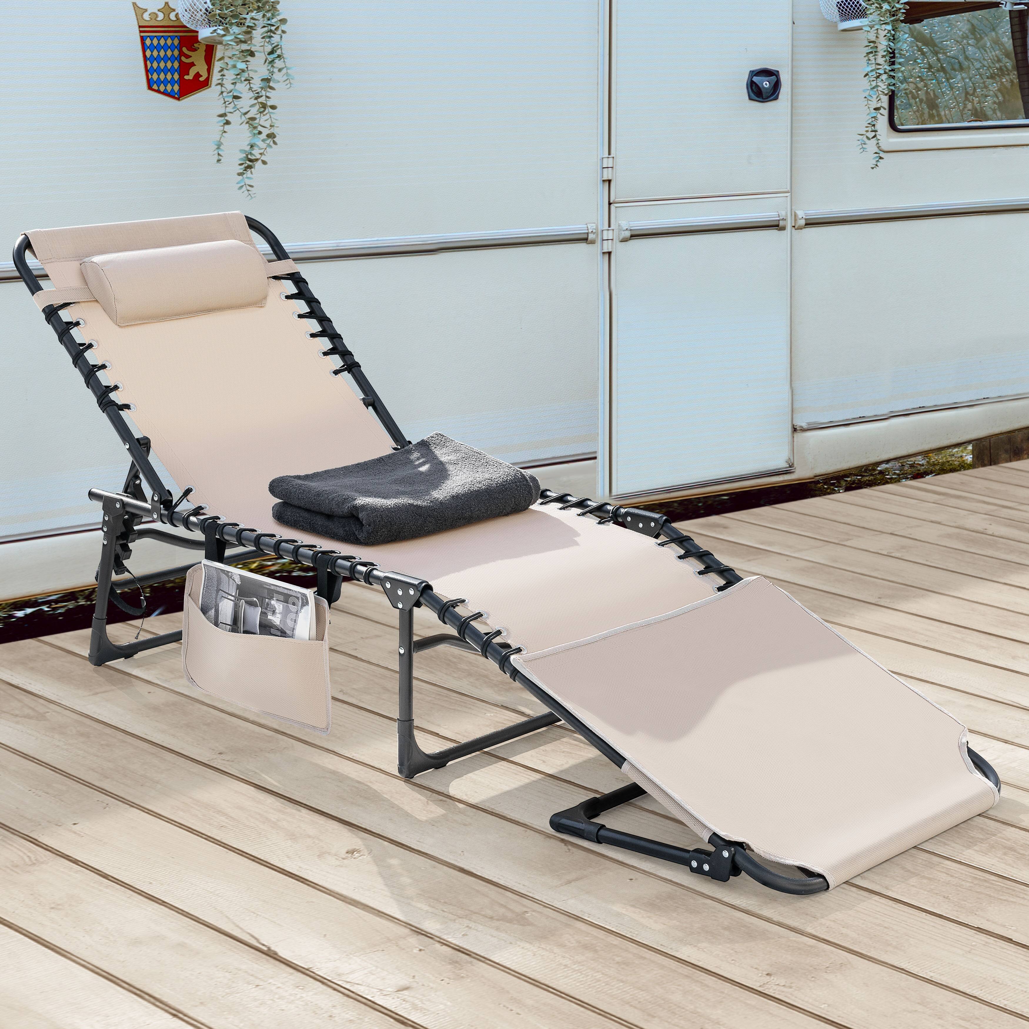 Left. Nuu Garden - Folding Textilene and Steel Outdoor Lounge Chair with 5-Position Adjustable Backrest, Face Hole and Pillow - Khaki and Black.