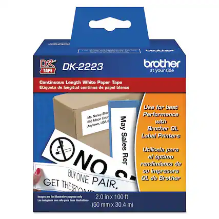 NAJI - DK-2223 TAPE
Continuous Length White Paper Tape
Etiqueta de longitud continua de papel blanco
Use for best Performance with Brother QL Label Printers
Utilicela para el óptimo rendimiento de su impresora QL de Brother
Ms. Nancy Sher
856 Mison Court
Anytown, USA
BUY ONE PAIR, GET THE SECOND
NO SMOKING
2.0 in x 100 ft
(50 mm x 30.4 m)
Images are for illustrative purpose only
Las imágenes son solo para fines ilustrativos