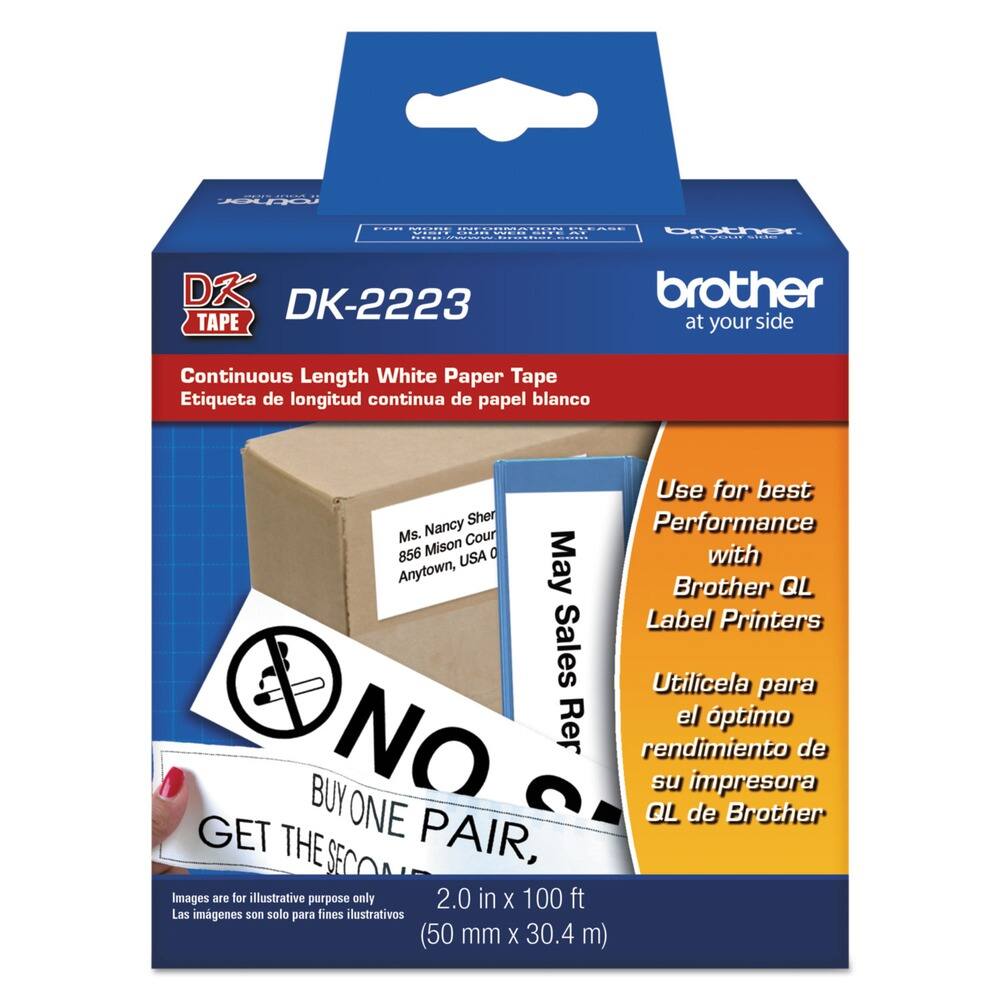 NAJI - DK-2223 TAPE  
Continuous Length White Paper Tape  
Etiqueta de longitud continua de papel blanco  

Use for best Performance with Brother QL Label Printers  
Utilicela para el óptimo rendimiento de su impresora QL de Brother  

Ms. Nancy Sher  
856 Mison Court  
Anytown, USA  

BUY ONE PAIR, GET THE SECOND  
NO SMOKING  

2.0 in x 100 ft  
(50 mm x 30.4 m)  

Images are for illustrative purpose only  
Las imágenes son solo para fines ilustrativos