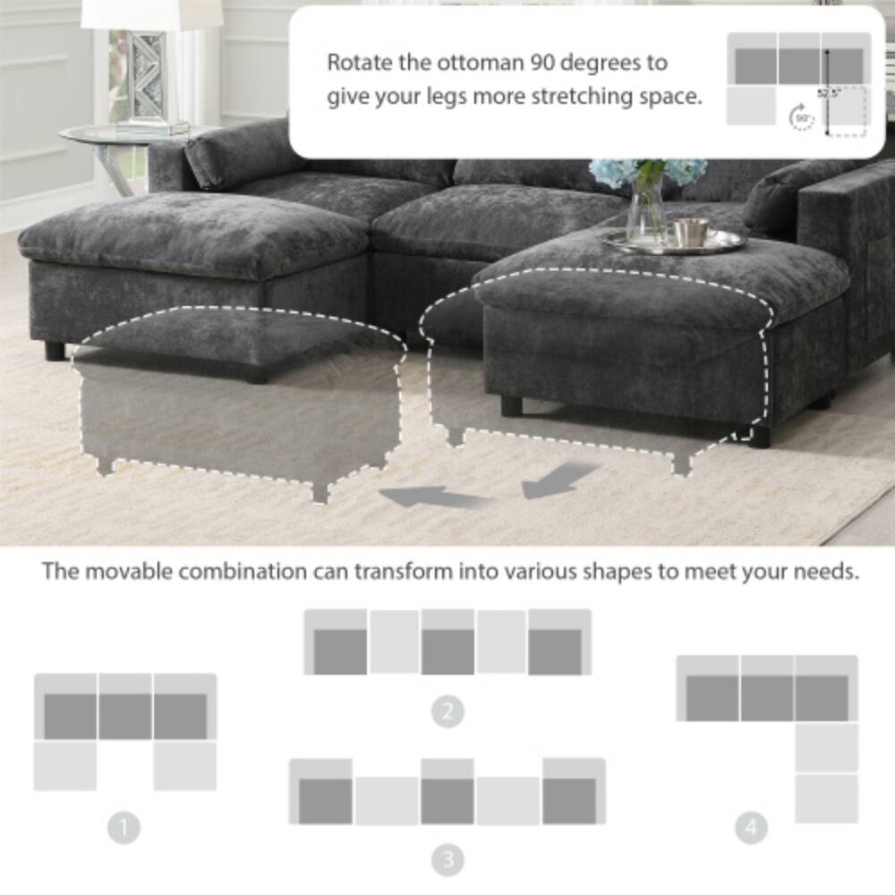 Rotate the ottoman 90 degrees to give your legs more stretching space. The movable combination can transform into various shapes to meet your needs.
