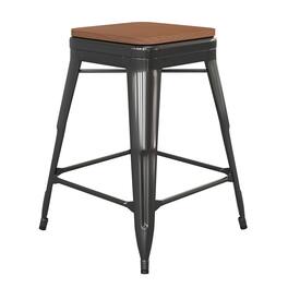Emma + Oliver - Kam Backless Metal Indoor-Outdoor Stool with All-Weather Polystyrene Seat - Teak Seat/Black Frame