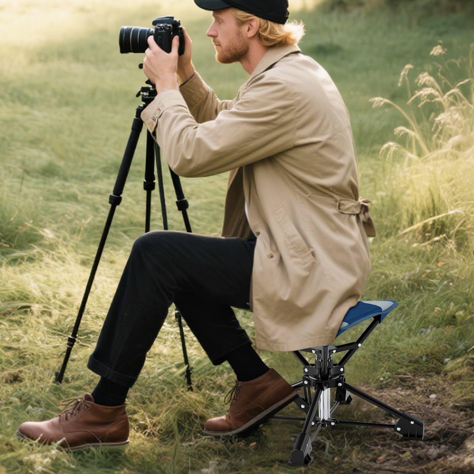Alt View 3. Gymax - Gymax 360 degree Swivel Camping Stool Foldable Outdoor Chair w/Oxford Seat & Metal Frame Blue & Black - Blue.