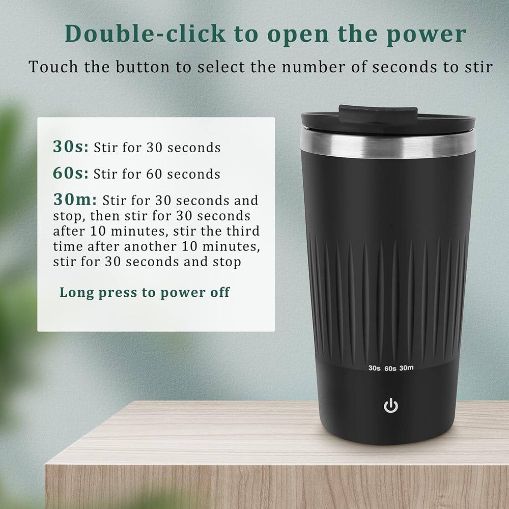 Double-click to open the power

Touch the button to select the number of seconds to stir

30s: Stir for 30 seconds

60s: Stir for 60 seconds

30m: Stir for 30 seconds and stop, then stir for 30 seconds after 10 minutes, stir the third time after another 10 minutes, stir for 30 seconds and stop

Long press to power off
