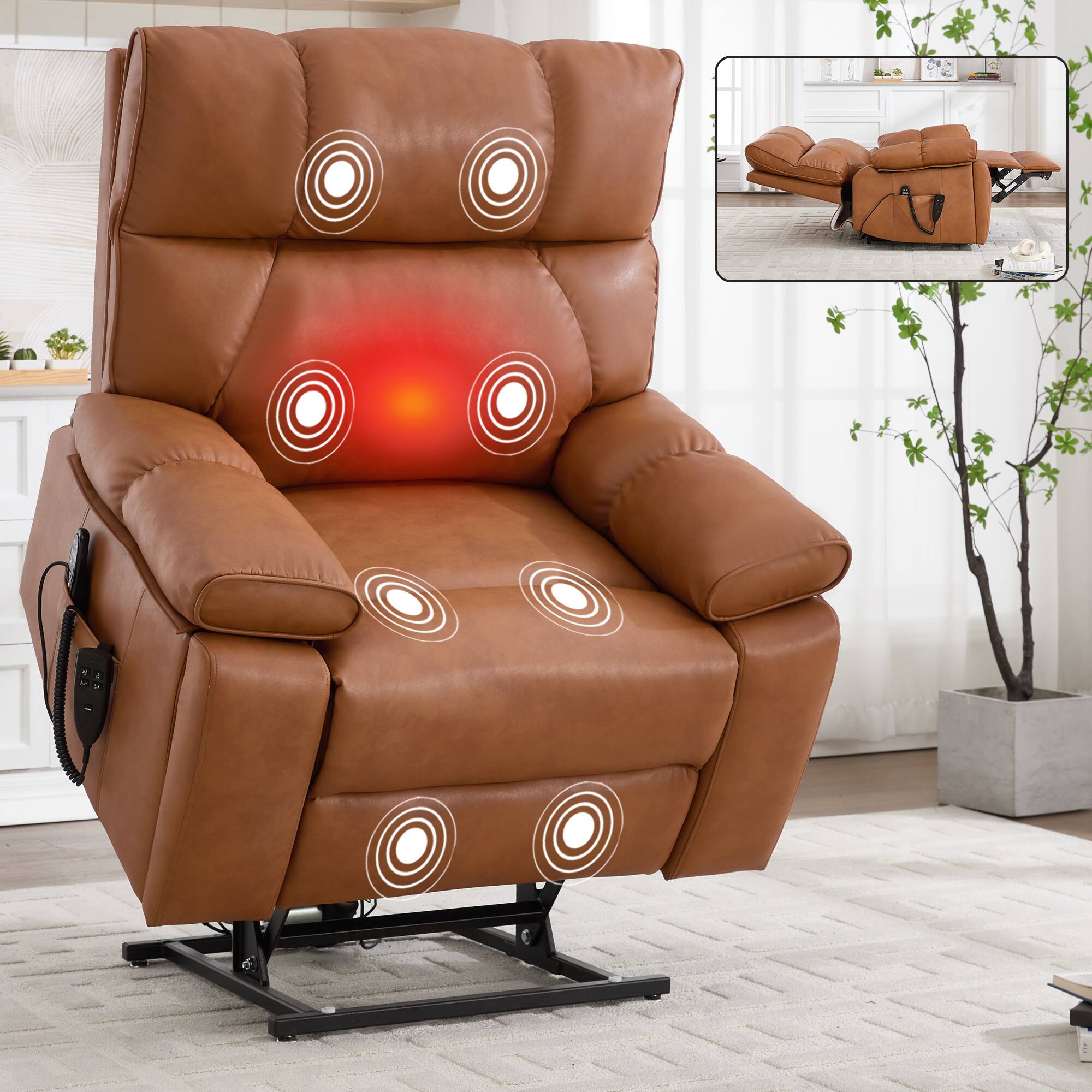 Angle. LUCKY ONE - Leatheraire Dual Motor Power Lift Recliner Chair with Massage, Heat and Hidden Cup Holders - Orange.