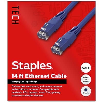 TECH Staples  
14 ft Ethernet Cable  
Everyday Use - up to 1 Gbps  

Deliver fast, consistent, and secure internet in the office or at home. Compatible with modems, PCs, laptops, smart TVs, gaming consoles, and other devices.  

CAT 6  
RJ45 to RJ45  

BLUE