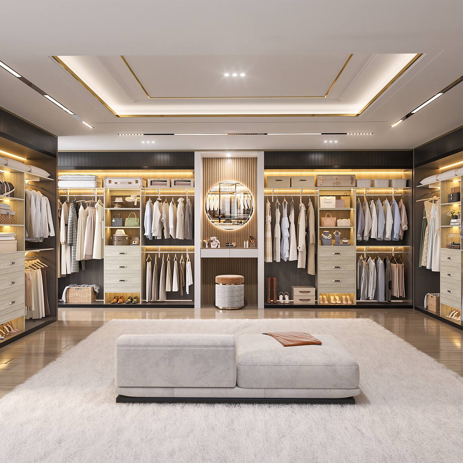 Back. Aheaplus - 20.2'' - 96'' W Closet System, Walk In Closet Organizer with 3 Shelving Towers, 3 Hanging Rods, and 3 Drawers, 75'' High - Beige Oak.