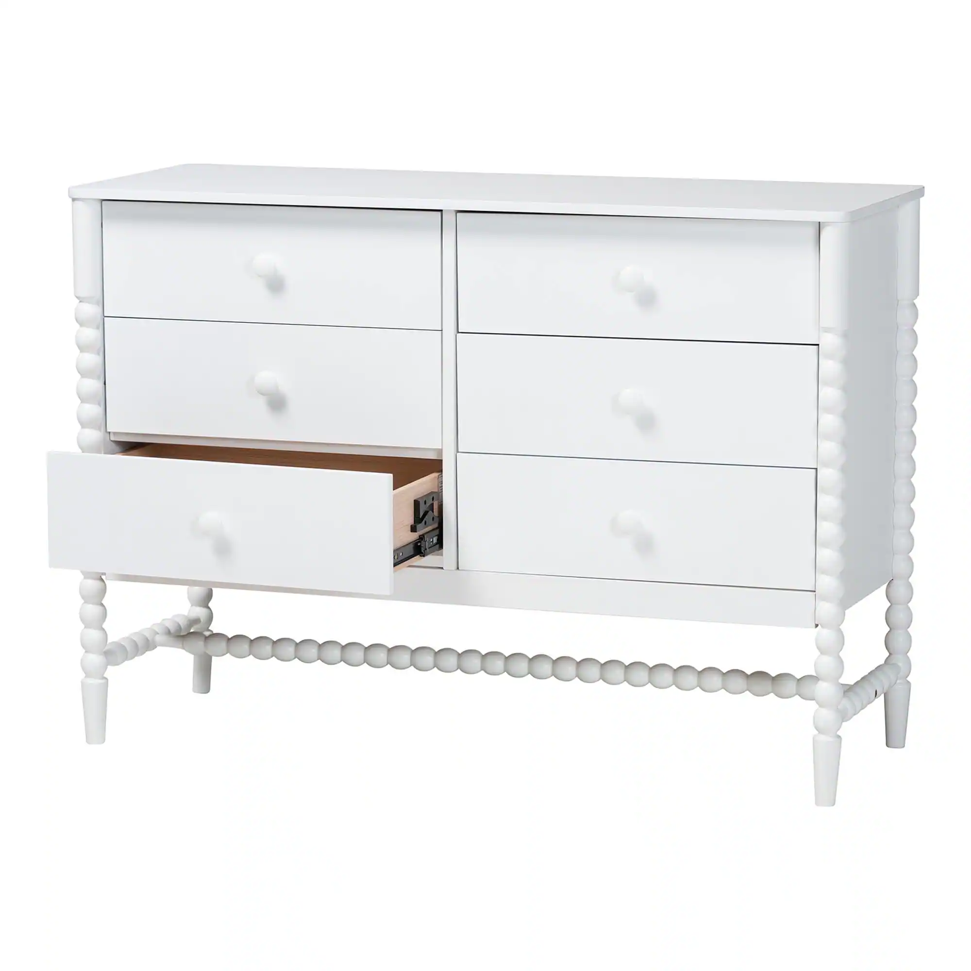 Angle. Baxton Studio - Brantley Spindle Dresser - 6-Drawer Horizontal Storage Cabinet with Beaded Frame and Elevated Base for Bedroom - White.