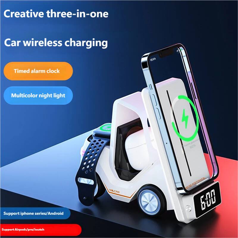 Creative three-in-one  
Car wireless charging  
Timed alarm clock  
Multicolor night light  
Support iphone series/Android  
Support Airpods/pro/iwatch