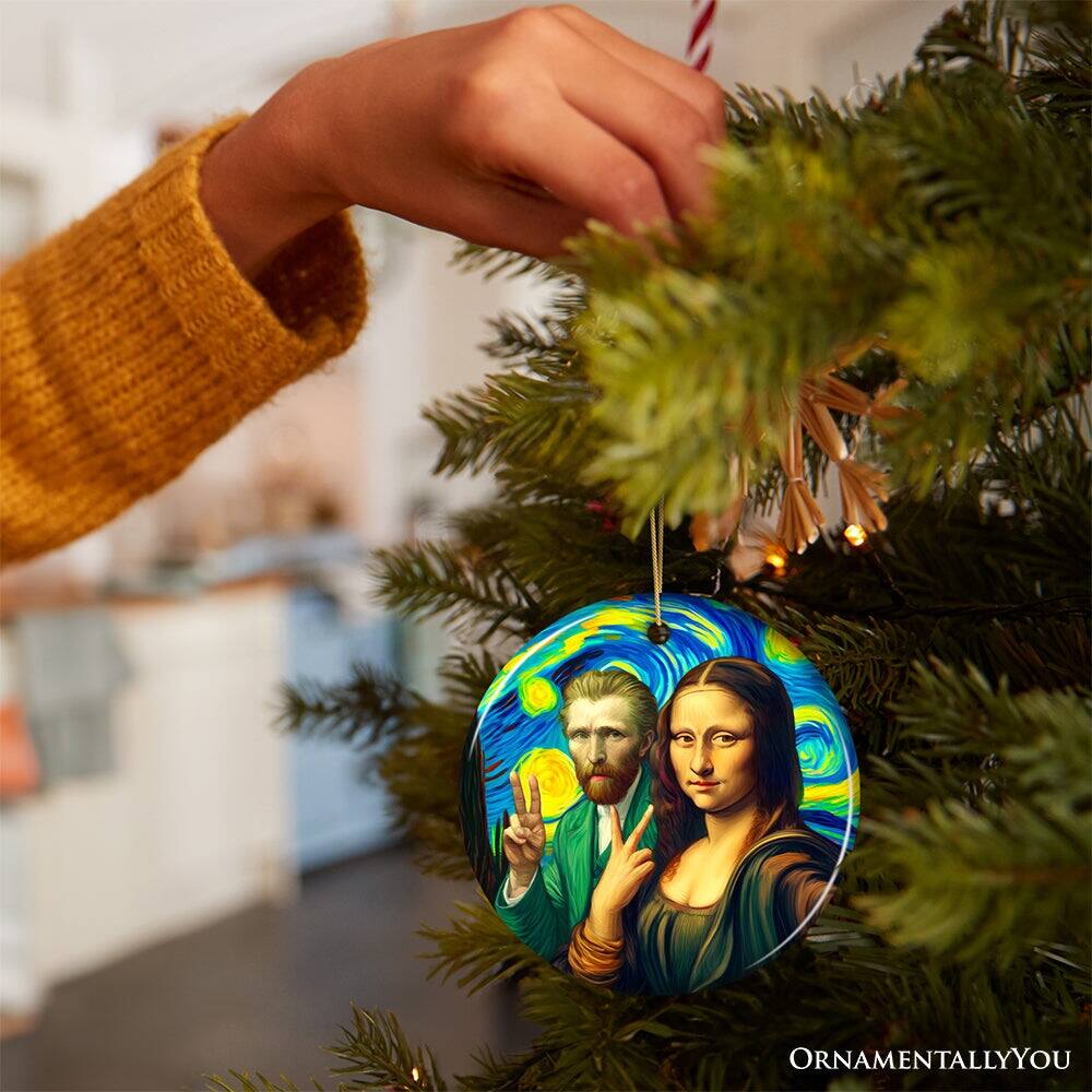 Alt View 1. OrnamentallyYou - Mona Lisa And Vincent Van Gogh Starry Night Date Selfie Ceramic Ornament Art Decor And Souvenir - Multi-colored.