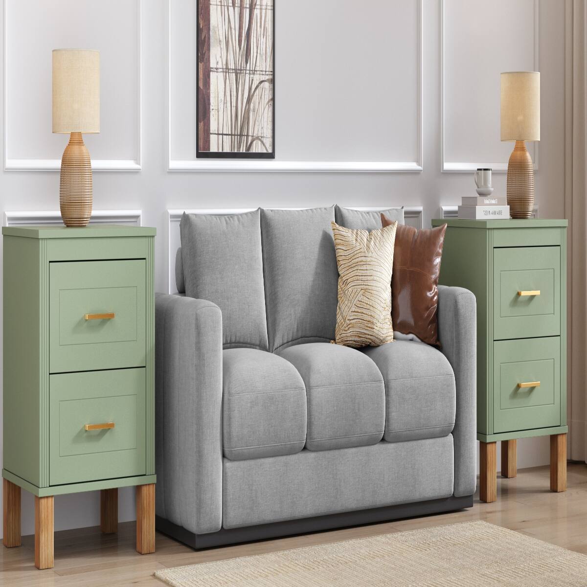 Alt View 7. Loheer - Loheer 2 Drawer Nightstand, Sage Green Fluted Design, Solid Wood Legs - Sage Green.
