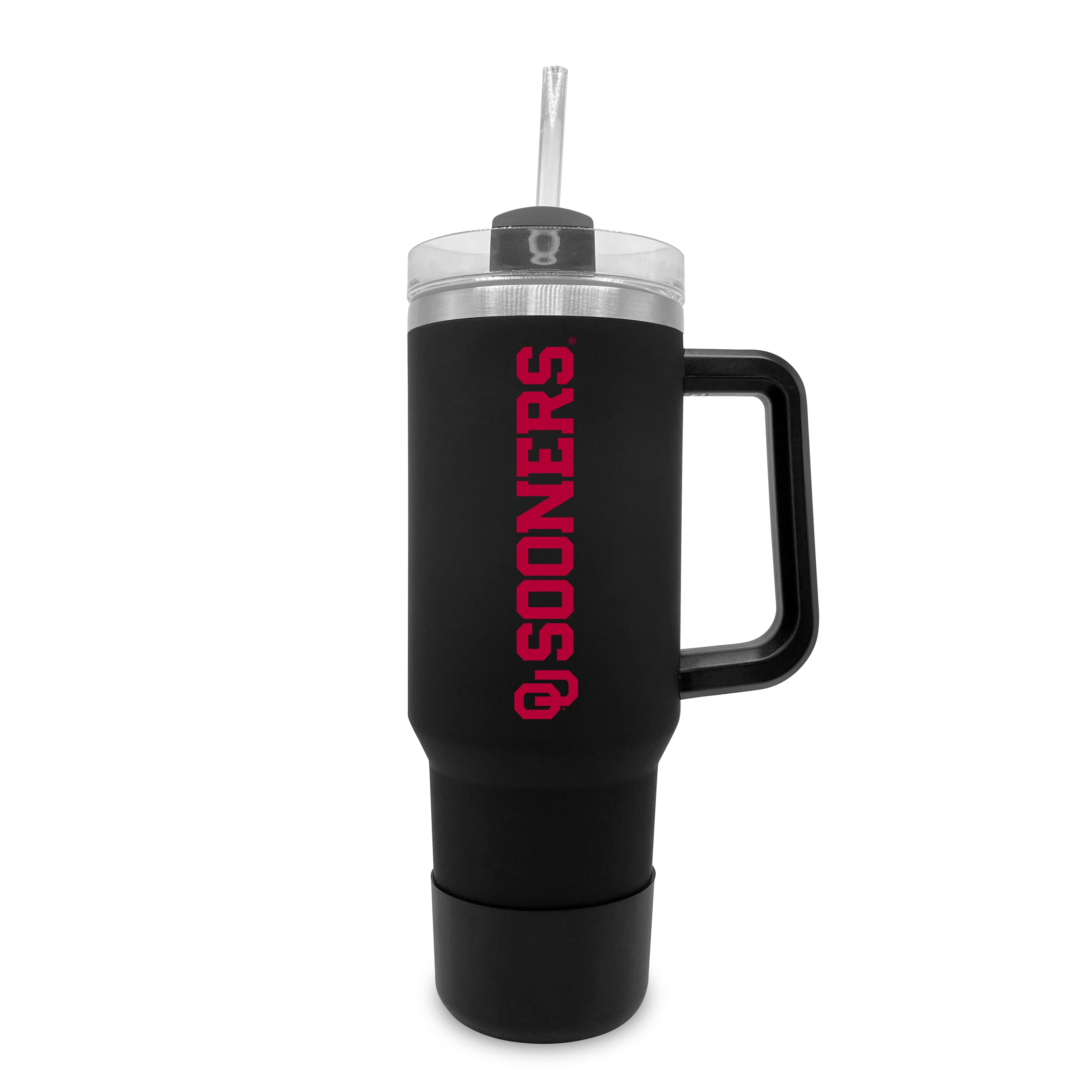 Front. The Fanatic Group - Oklahoma Sooners 40oz. Stainless Tumbler with Handle & Removable Straw - Black.