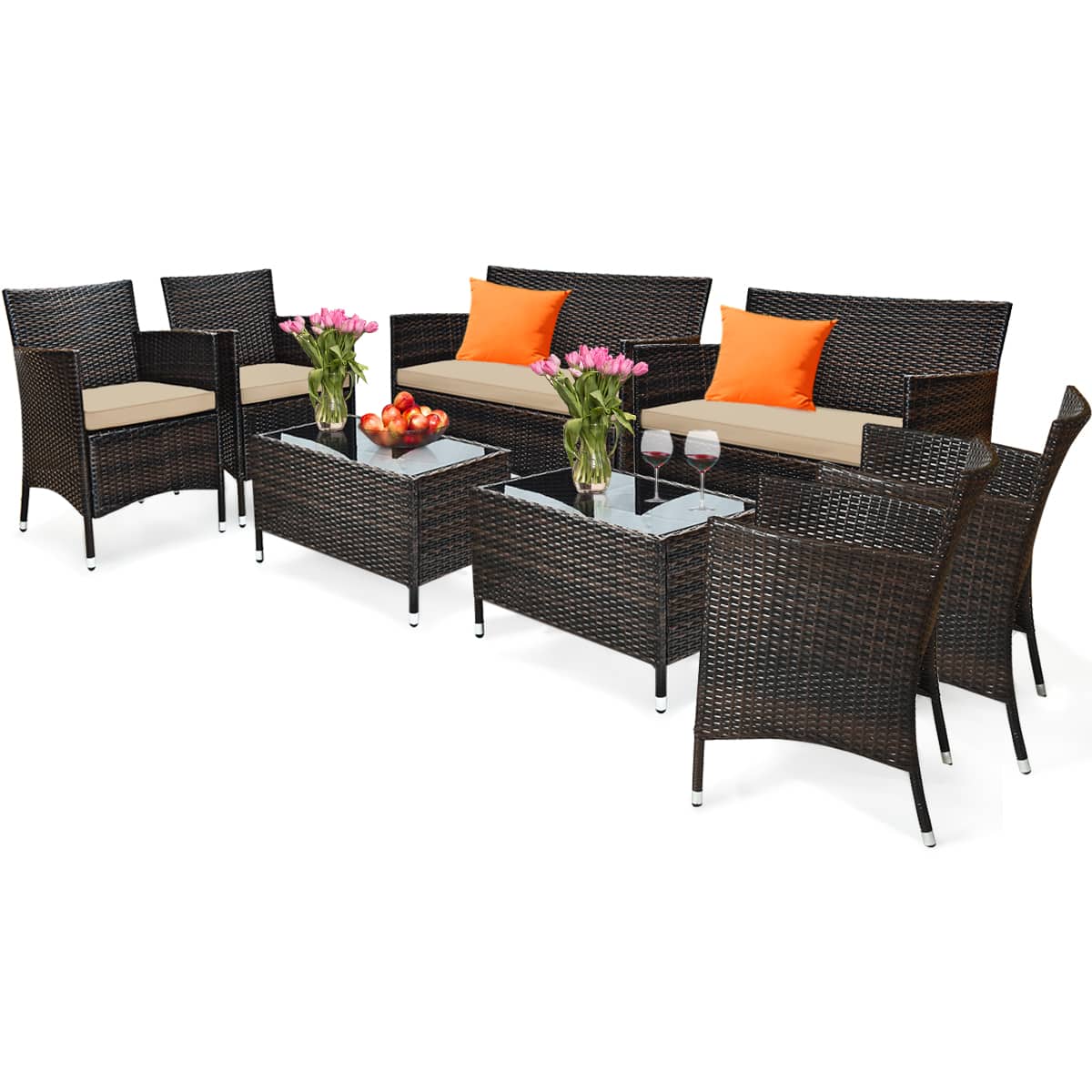 Gymax - 8PCS Patio Garden Rattan Furniture Set Coffee Table Cushioned Sofa Brown - Mix Brown